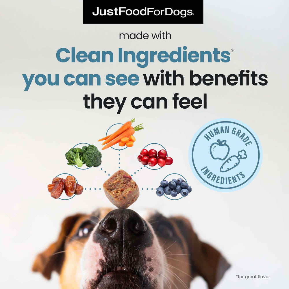 JustFoodForDogs prensado en frío masticables, conserva nutrientes clave para uso diario.
