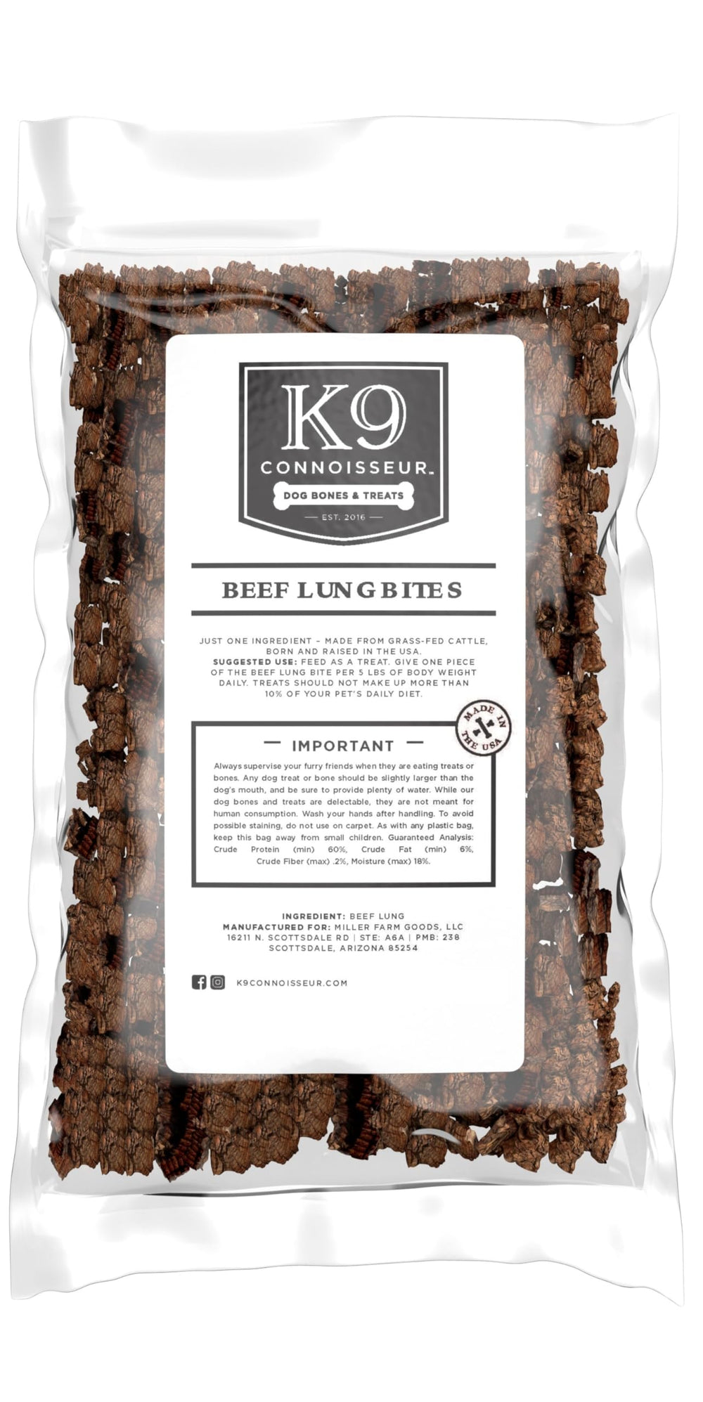 K9 Connoisseur beef lung treats bag showing lean, high-protein rewards for dogs.