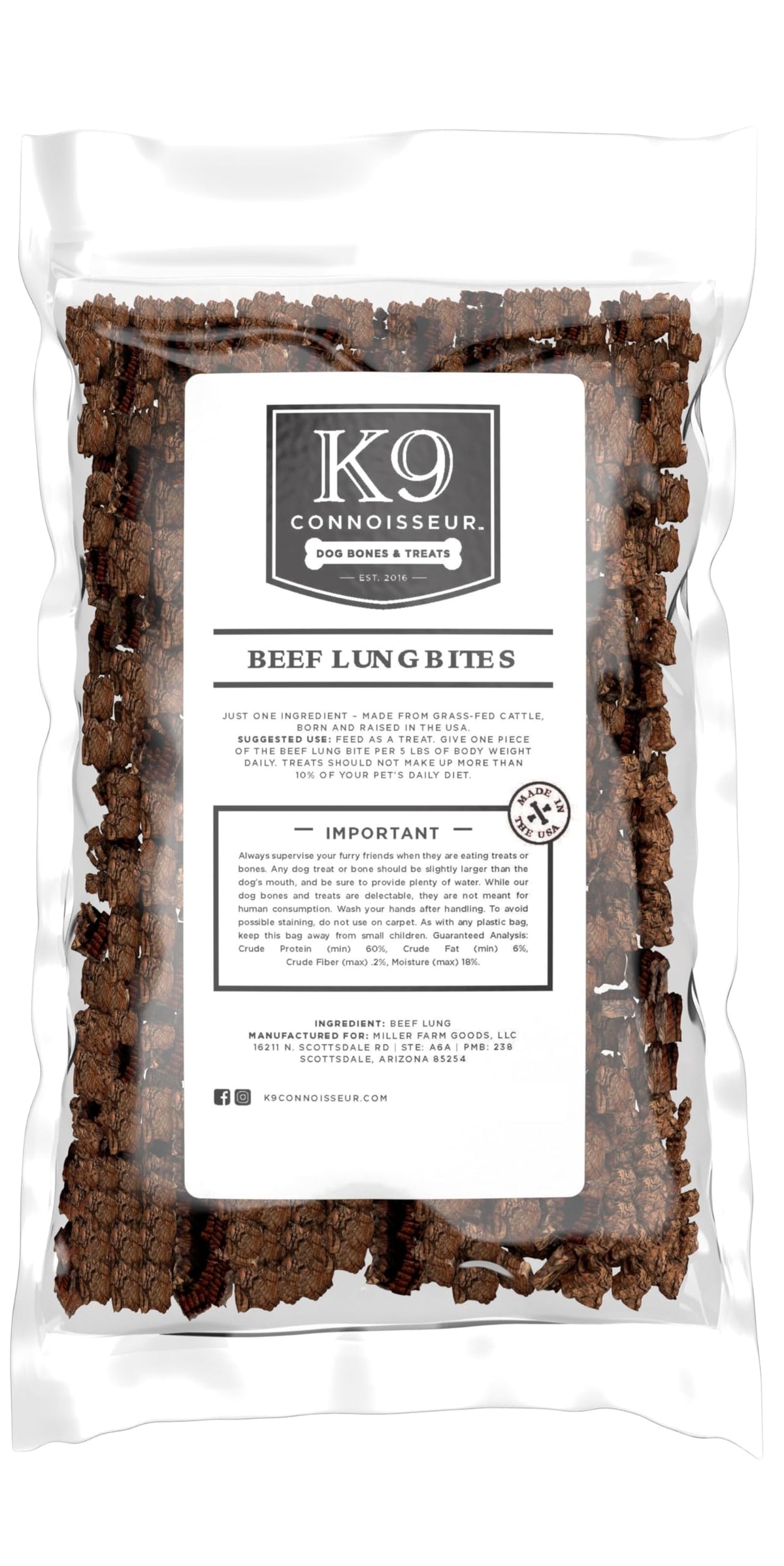 K9 Connoisseur beef lung treats bag showing lean, high-protein rewards for dogs.