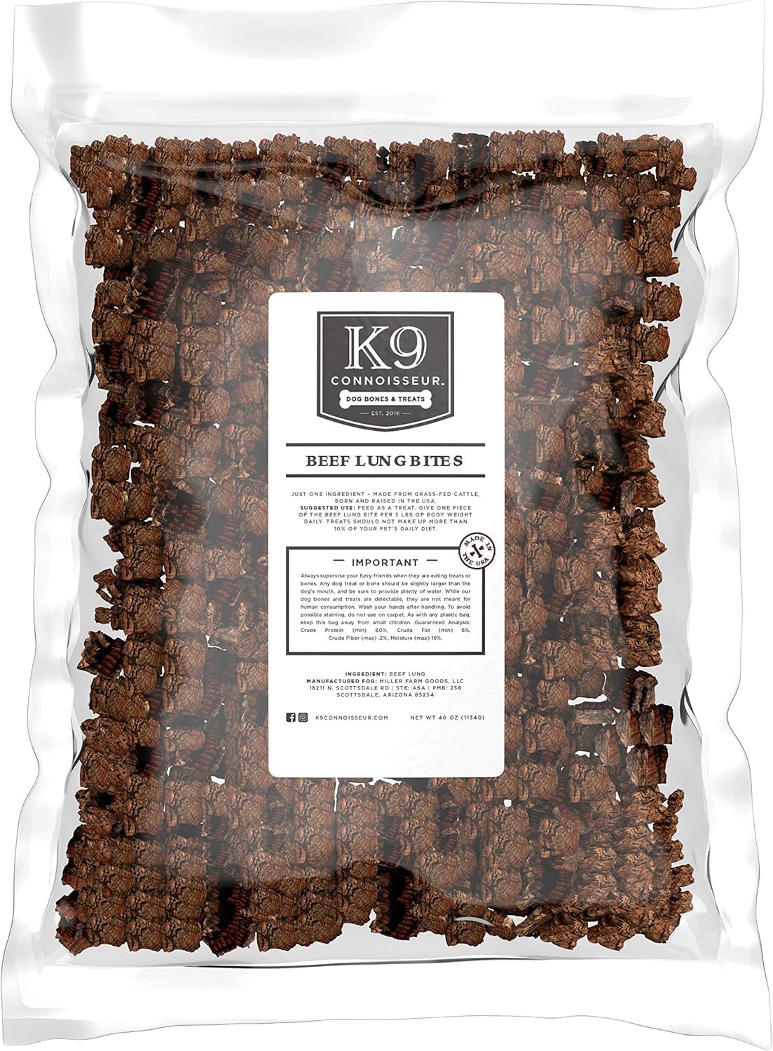 K9 Connoisseur frente de la bolsa con pulmón de res; recompensa natural para entrenamiento.