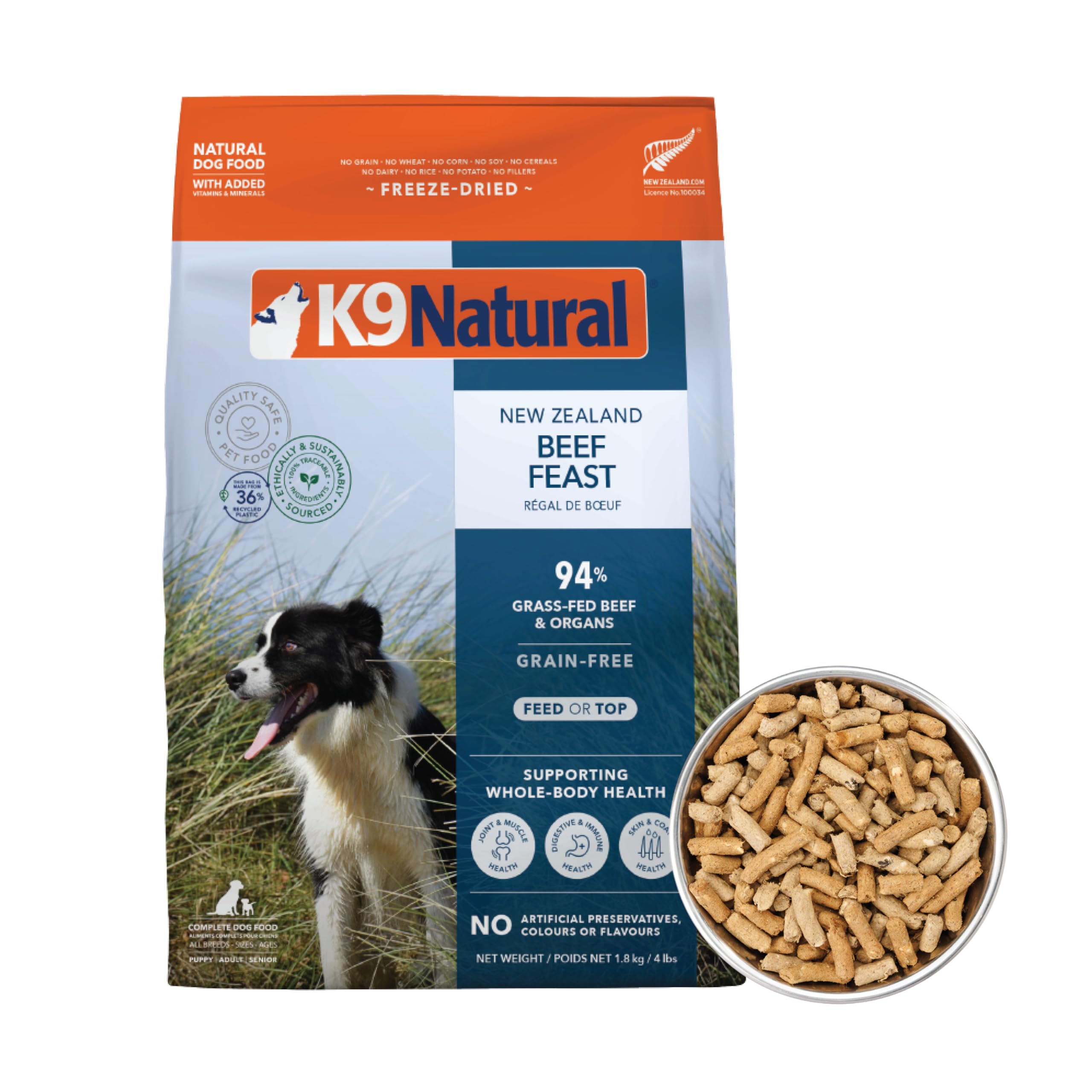 K9 Natural res deshidratado para perros en bolsa, fuente de proteína de alta calidad para energía diaria.