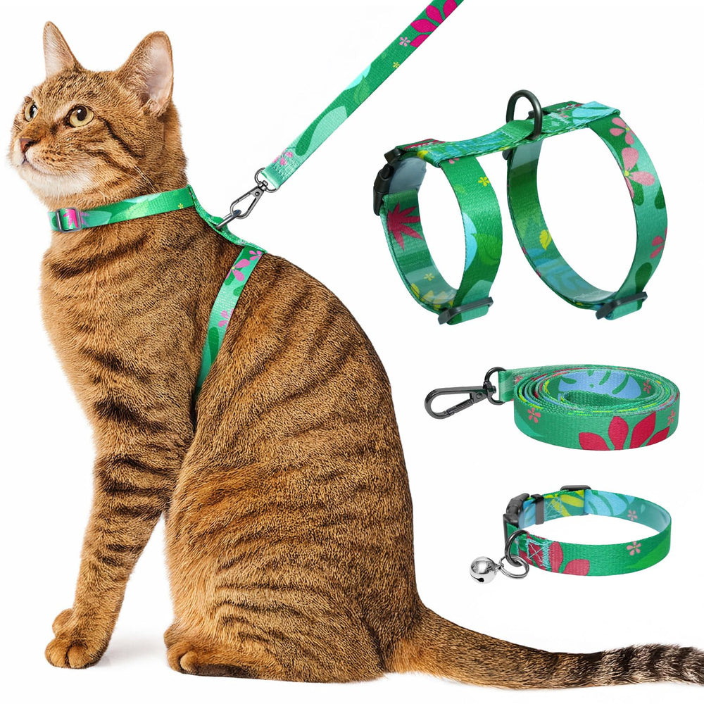 Kaazylab arnés y collar para gato con hojas tropicales, ideal para fotos y paseos.