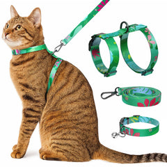 Kaazylab arnés y collar para gato con hojas tropicales, ideal para fotos y paseos.