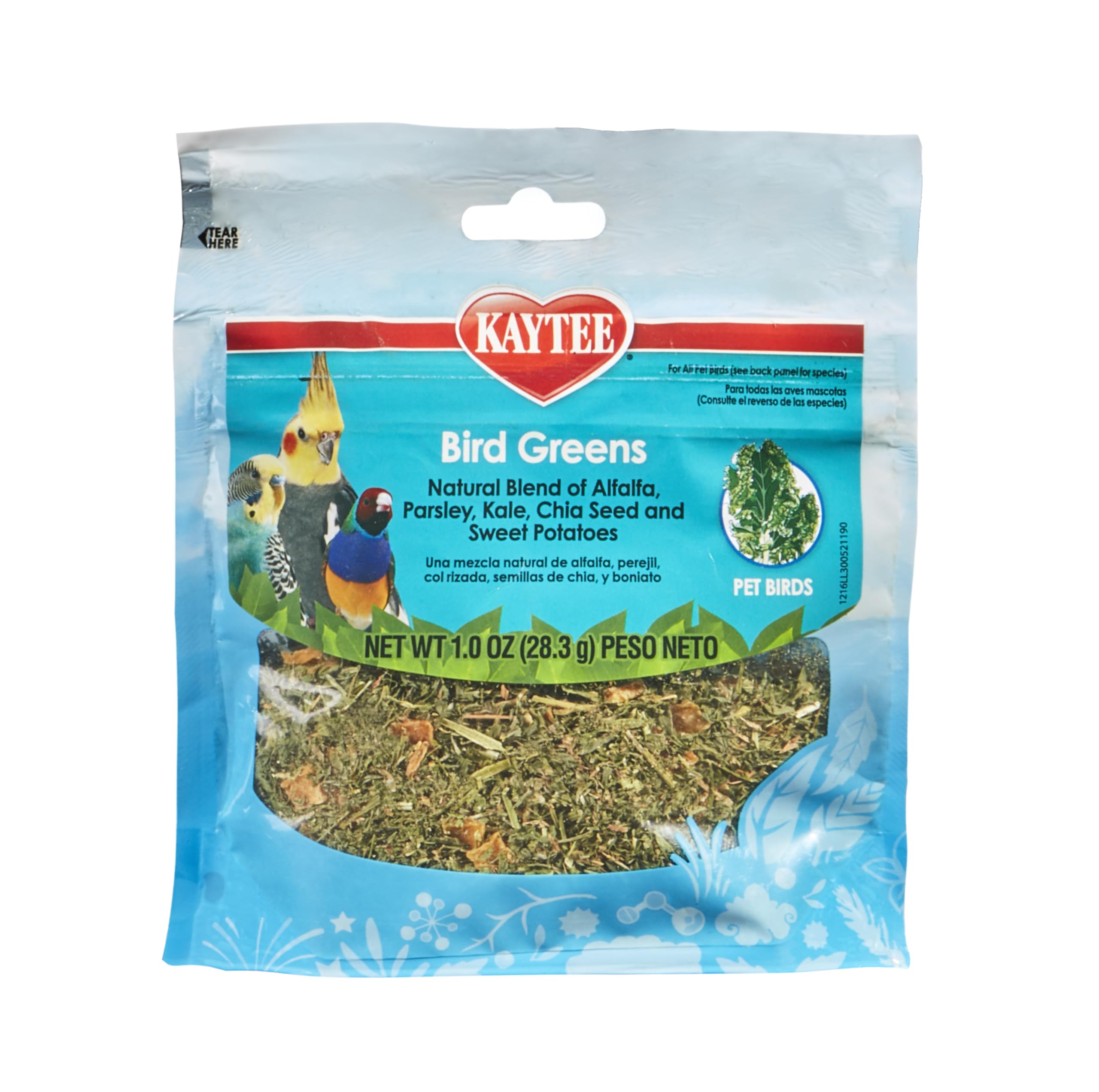 Kaytee Bird Greens, empaque práctico para aves, fácil de almacenar.