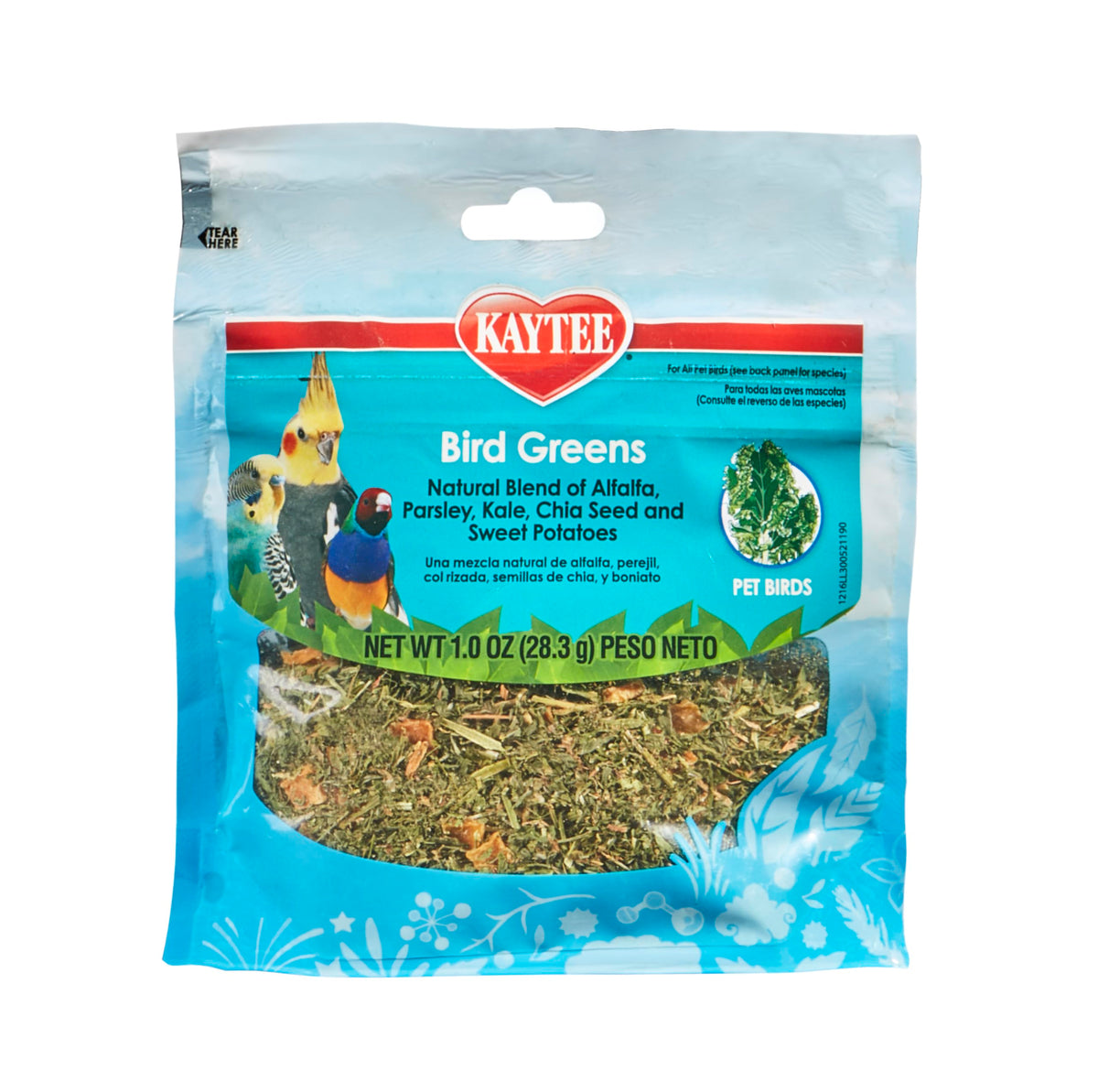 Kaytee Bird Greens, empaque práctico para aves, fácil de almacenar.