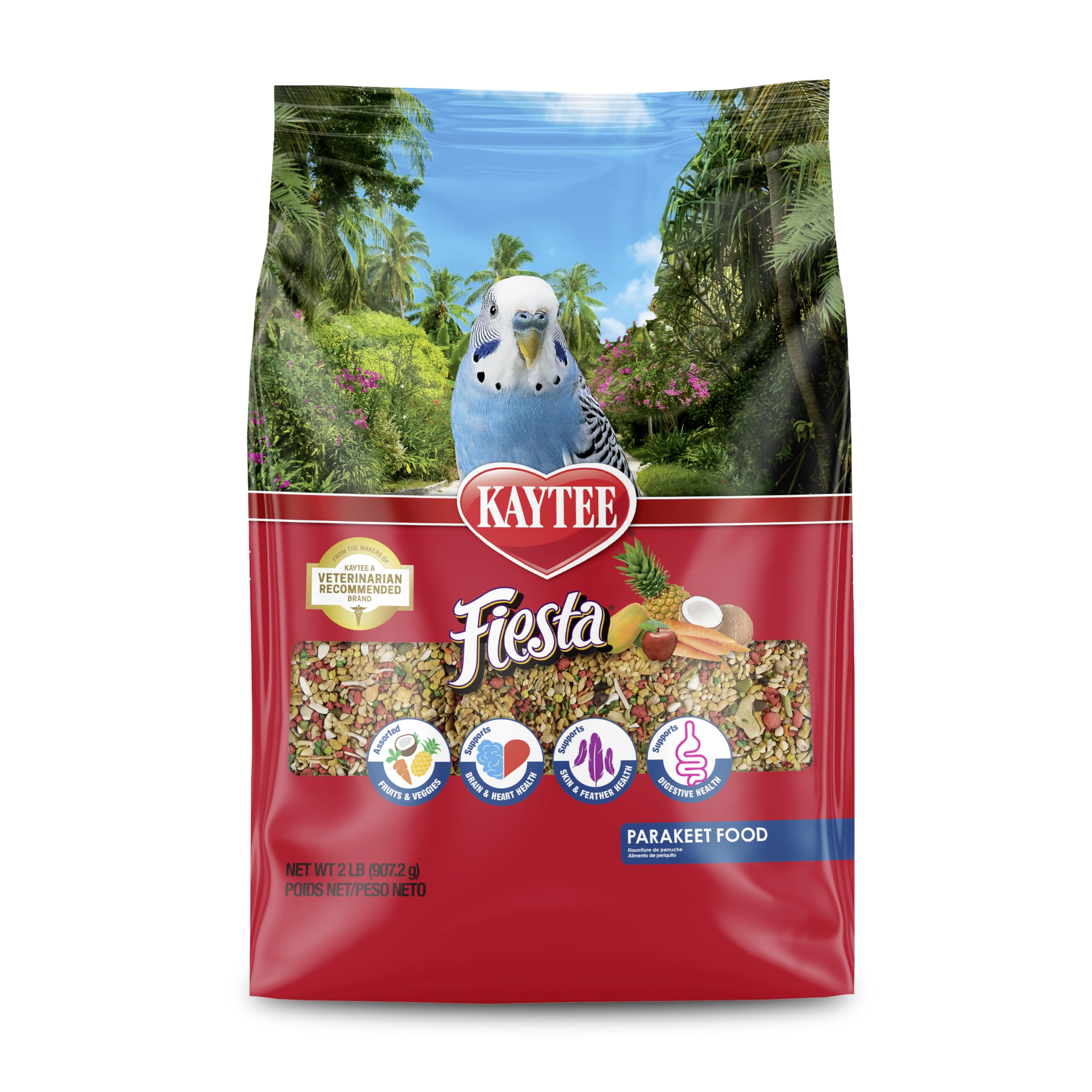 Kaytee Fiesta para periquitos, alimento completo que estimula la búsqueda de comida.