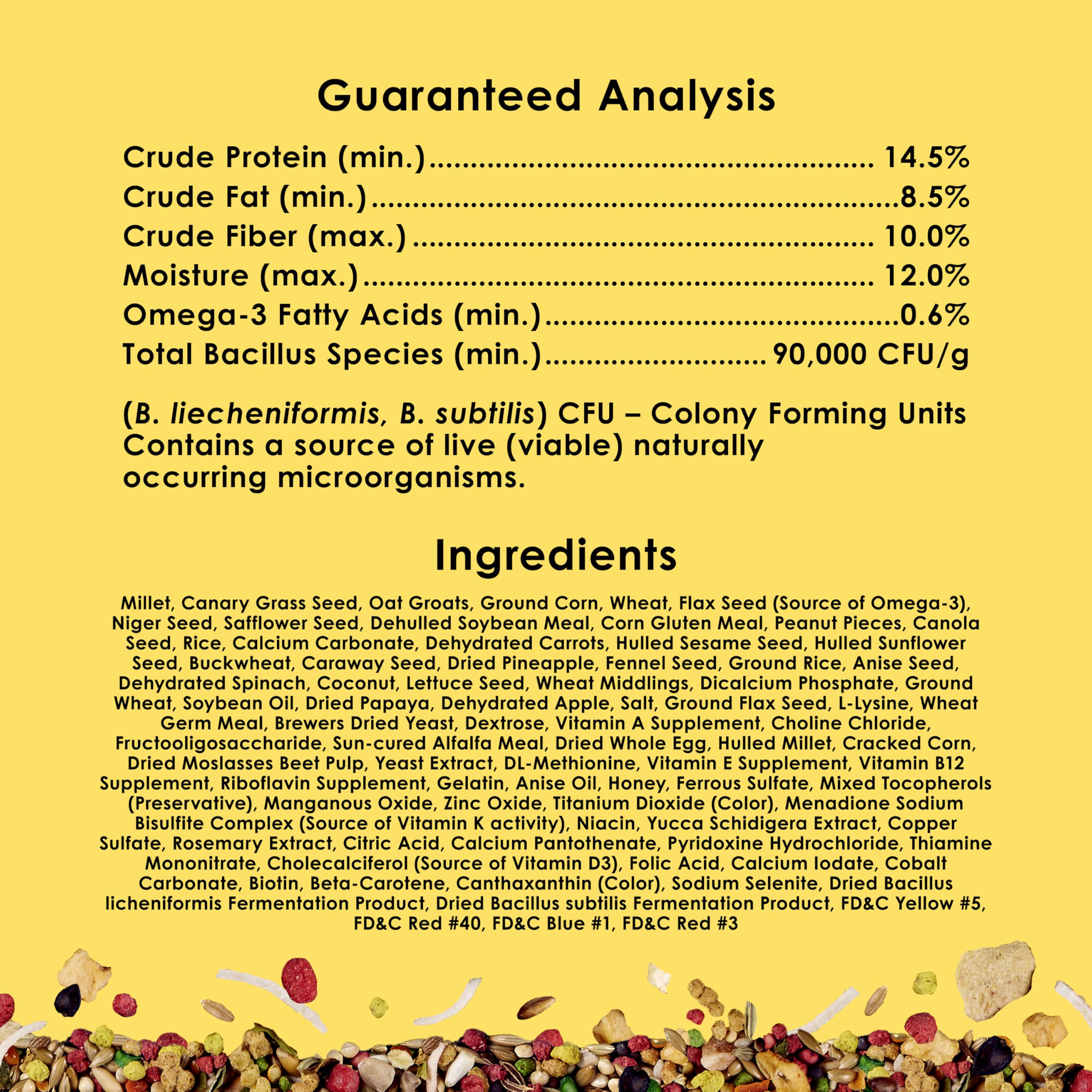 Kaytee Fiesta contiene antioxidantes y omega-3 para el bienestar general.