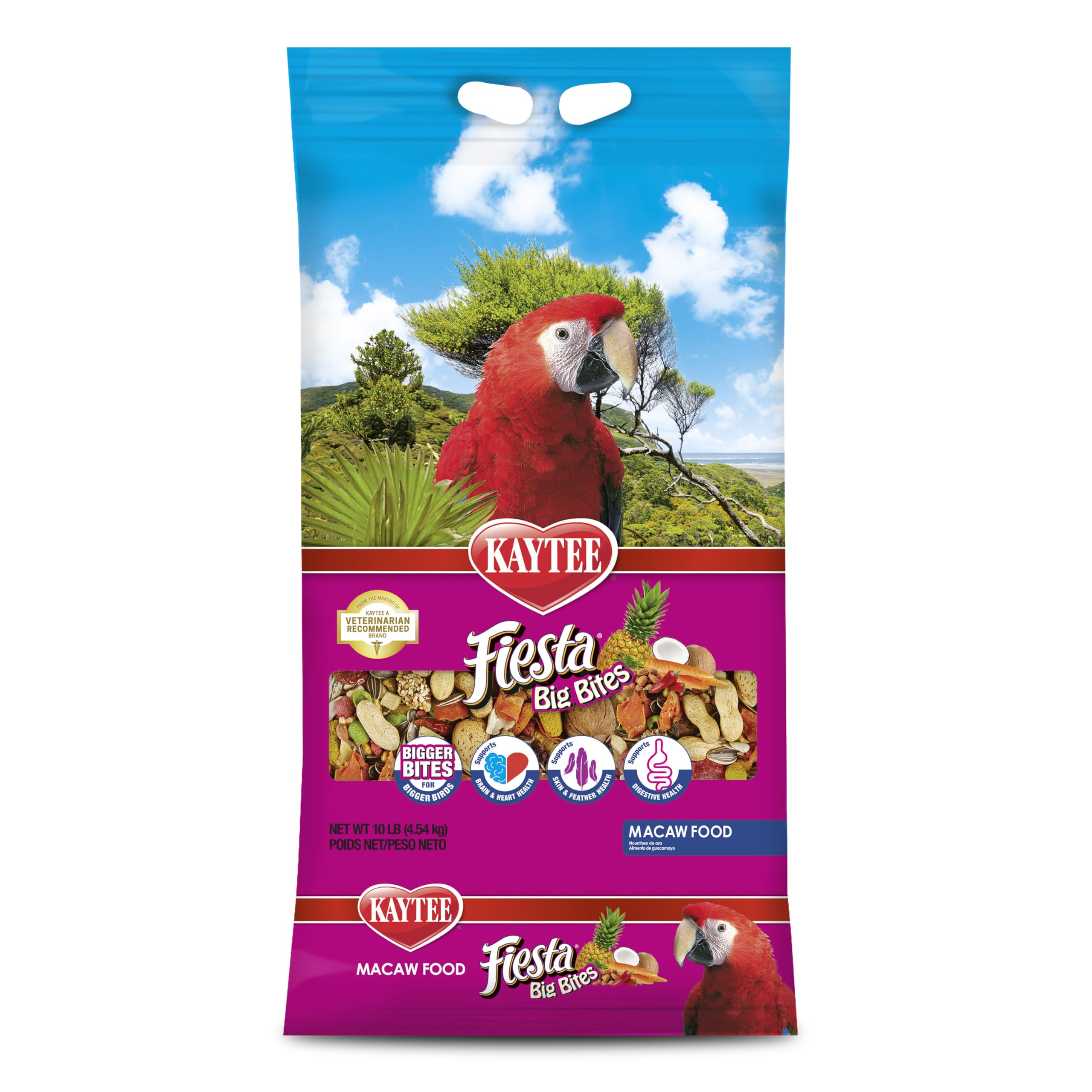 Kaytee Fiesta Big Bites: alimento para guacamayo en tazón, fomenta exploración al comer.