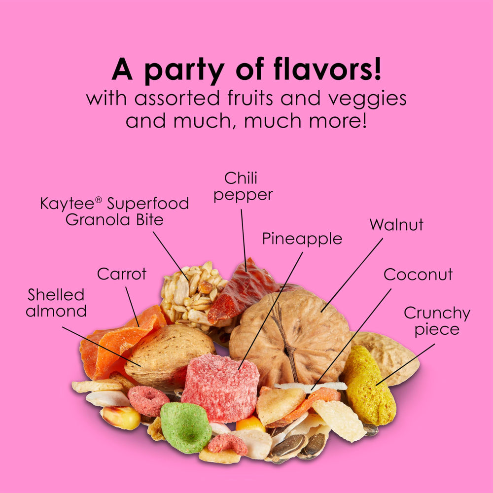 Kaytee Fiesta Big Bites: dieta gourmet para guacamayo, estimula cerebro y corazón.