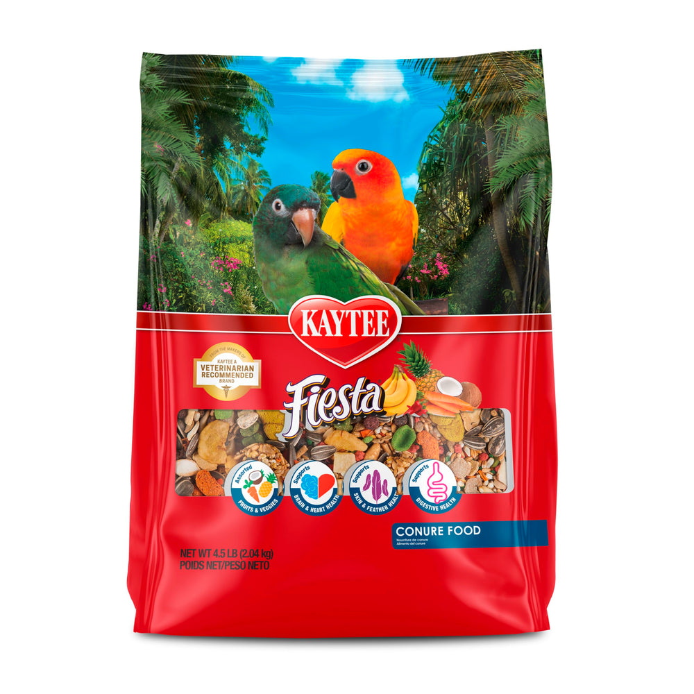 Kaytee Fiesta para Conuro: bolsa muestra mezcla variada para alimentación estimulante.