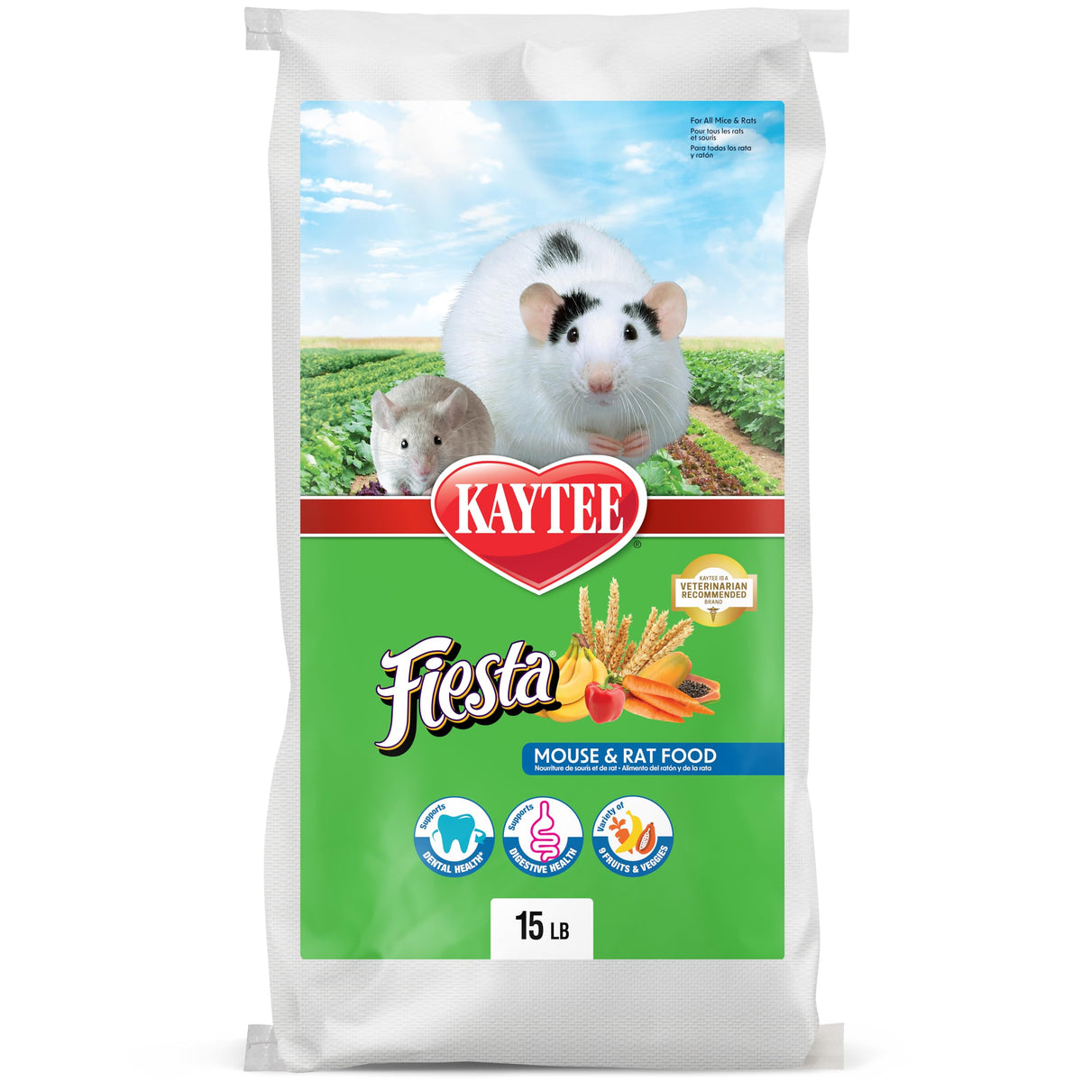 Kaytee Fiesta empaque de 15 libras para roedores, almacenamiento práctico.