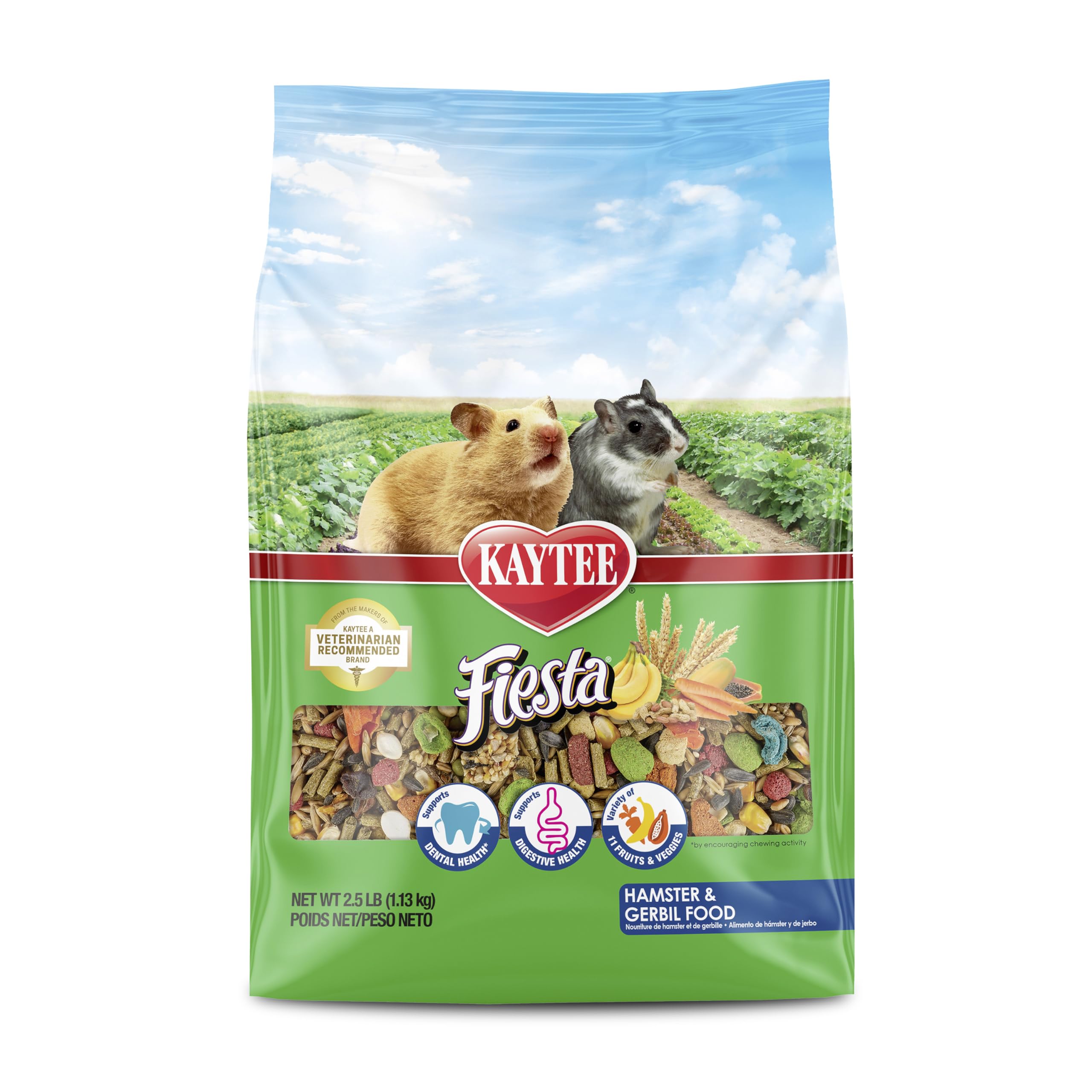 Kaytee Fiesta: mezcla de granos, semillas, frutas y verduras para variedad en la dieta.