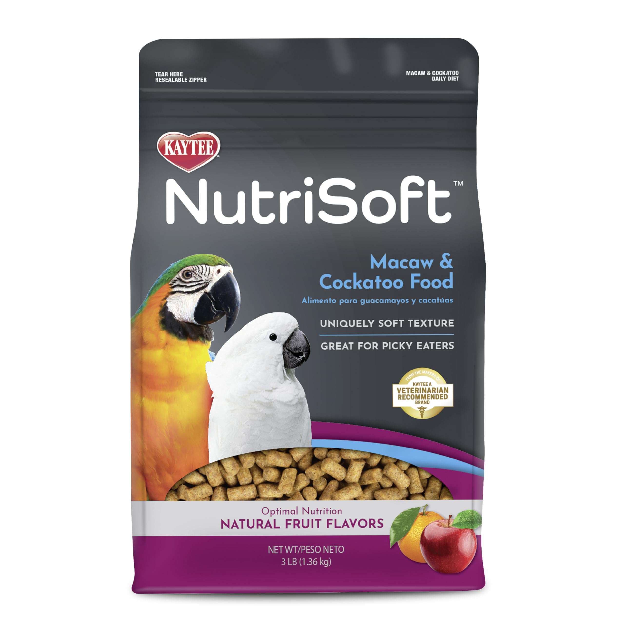 Kaytee Nutri Soft granulos-fruta natural para aves, textura suave atractiva para comedores exigentes.