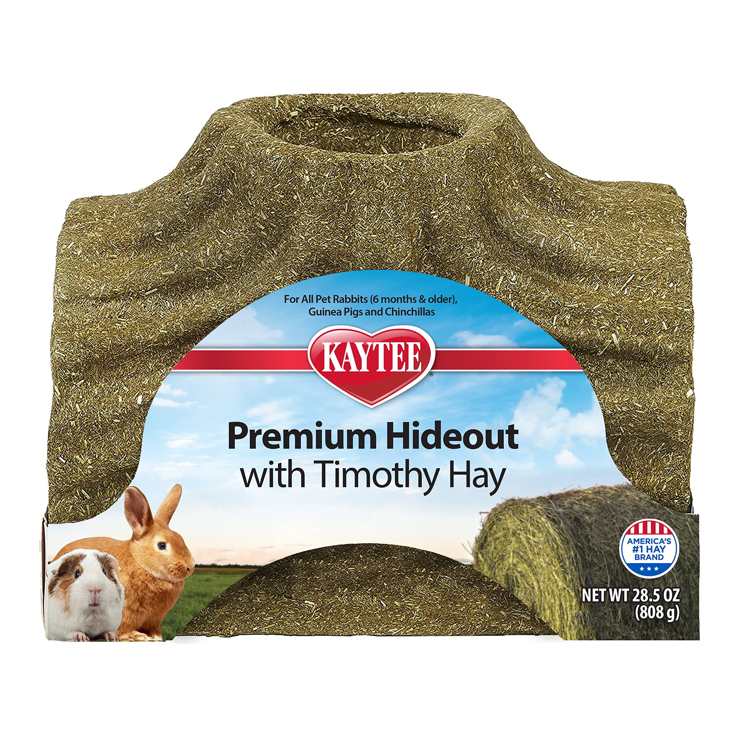 Kaytee Premium Timothy Treat Hideout: vista general para conejos con enriquecimiento del hábitat.