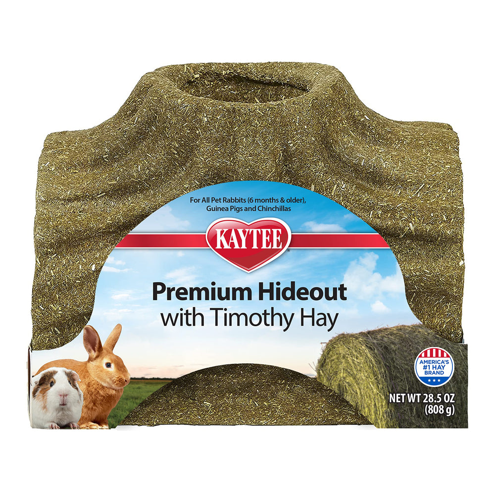 Kaytee Premium Timothy Treat Hideout: vista general para conejos con enriquecimiento del hábitat.