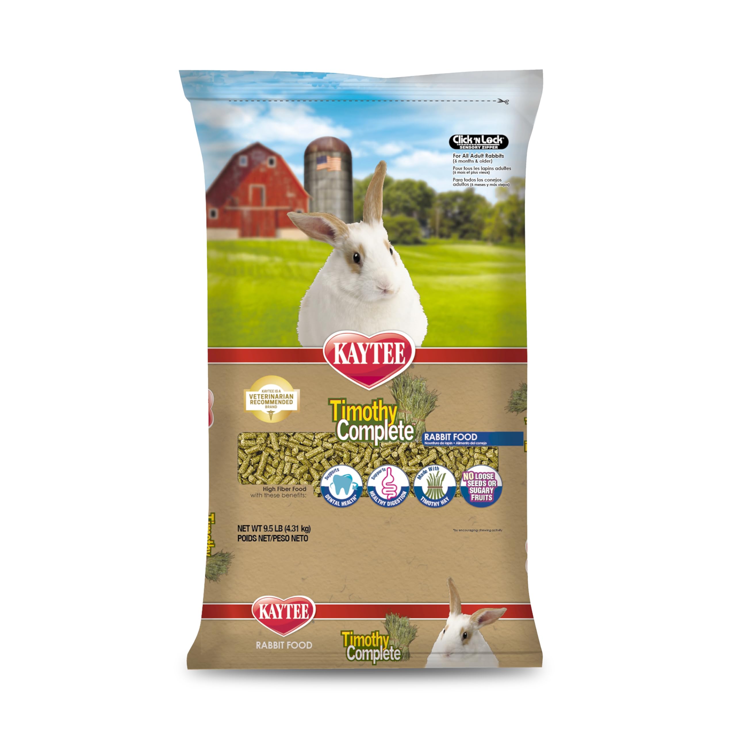 Kaytee Timothy Complete Rabbit Food, empaque visible para almacenamiento práctico.