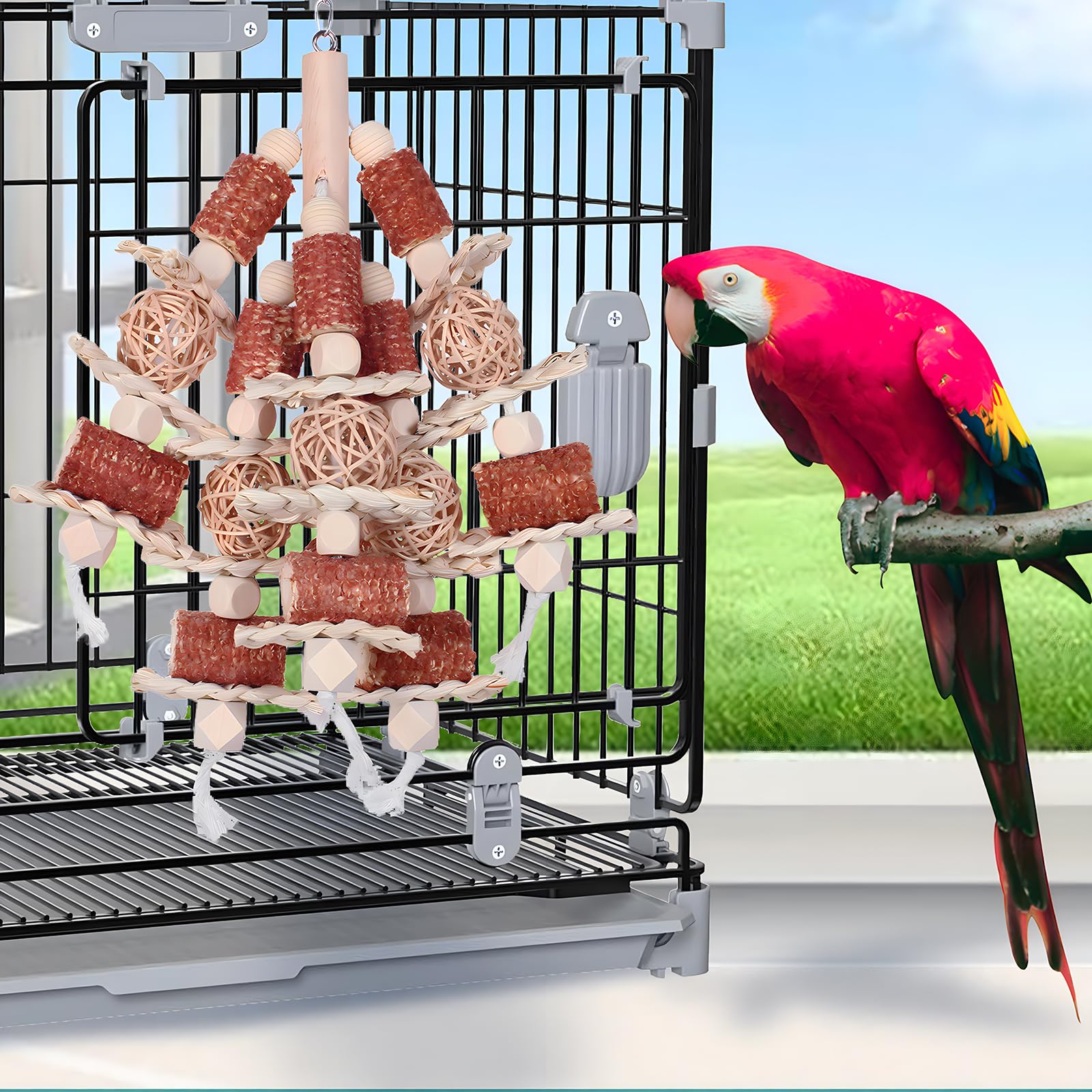 Kencunay: juguetes naturales para aves, fomentan curiosidad y actividad diaria.