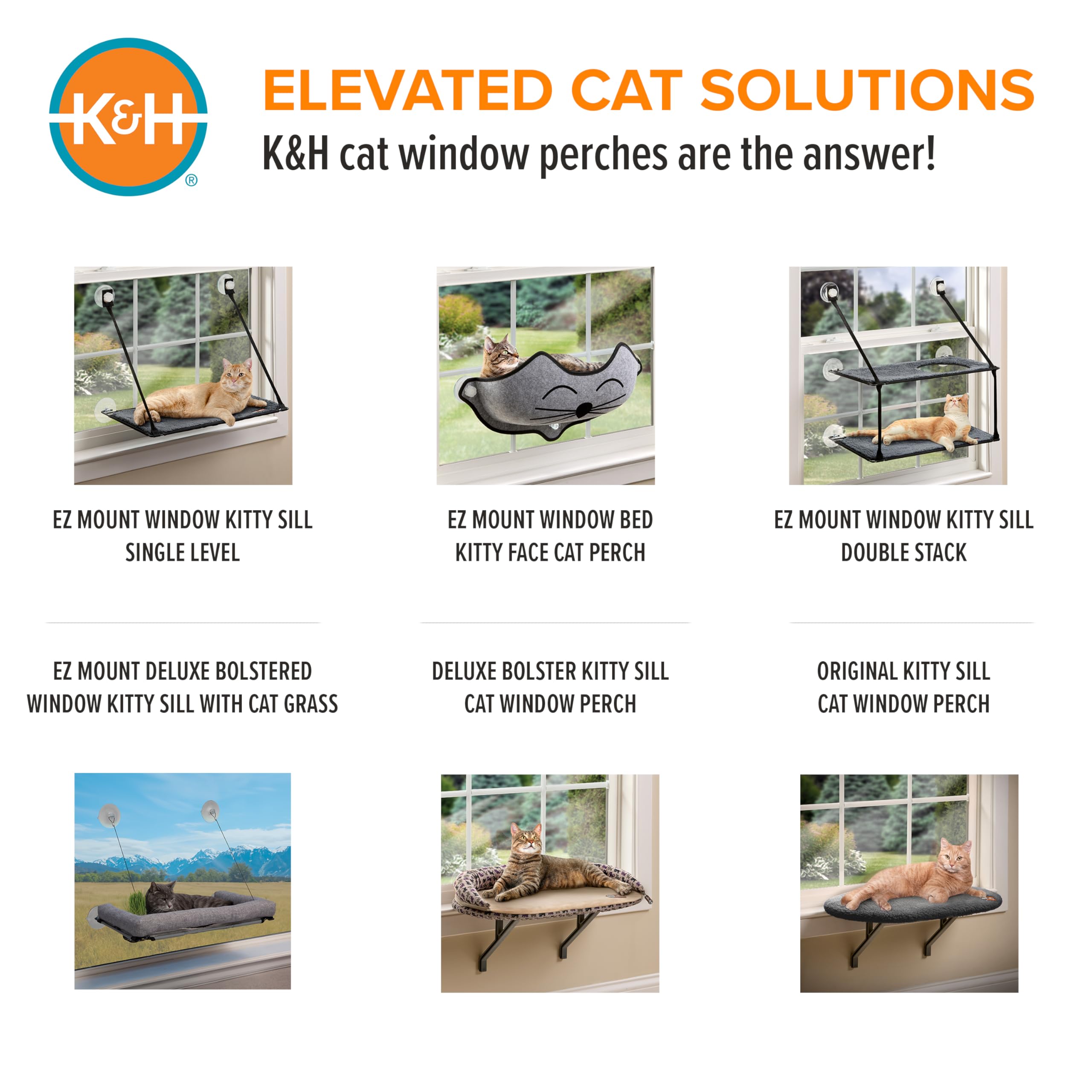 K&H Kitty Sill instalación rápida con tiras adhesivas y tornillos incluidos.