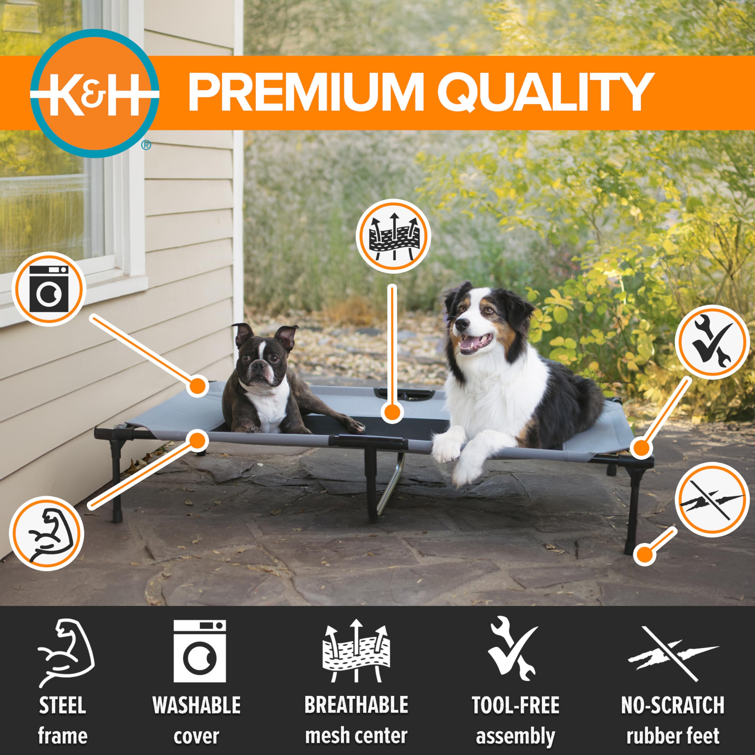 K&H Pet Products cama elevada XL con funda lavable, limpieza rápida.