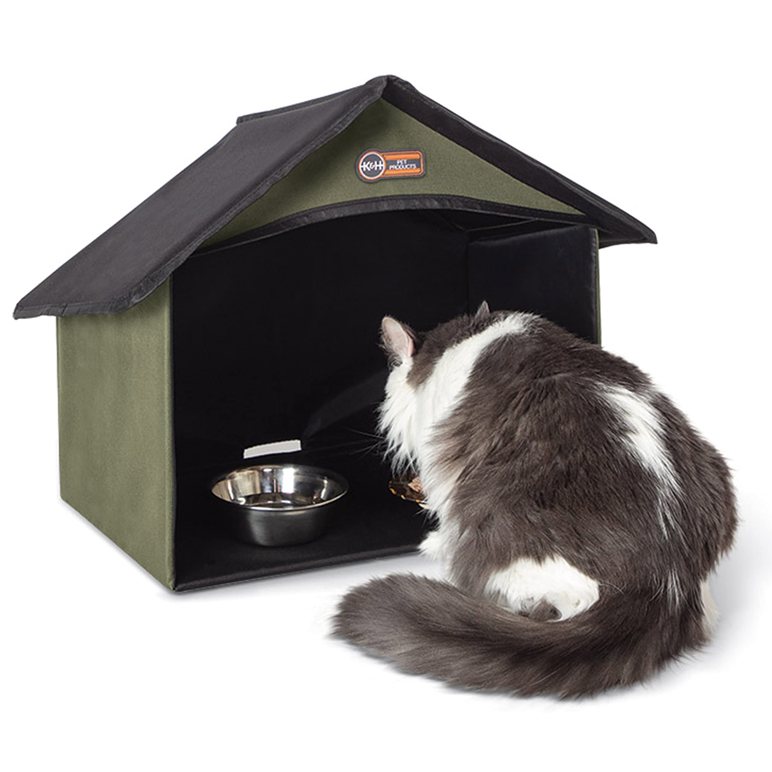Refugio exterior de K&H Dining Room para gatos protege la comida y el agua de la intemperie