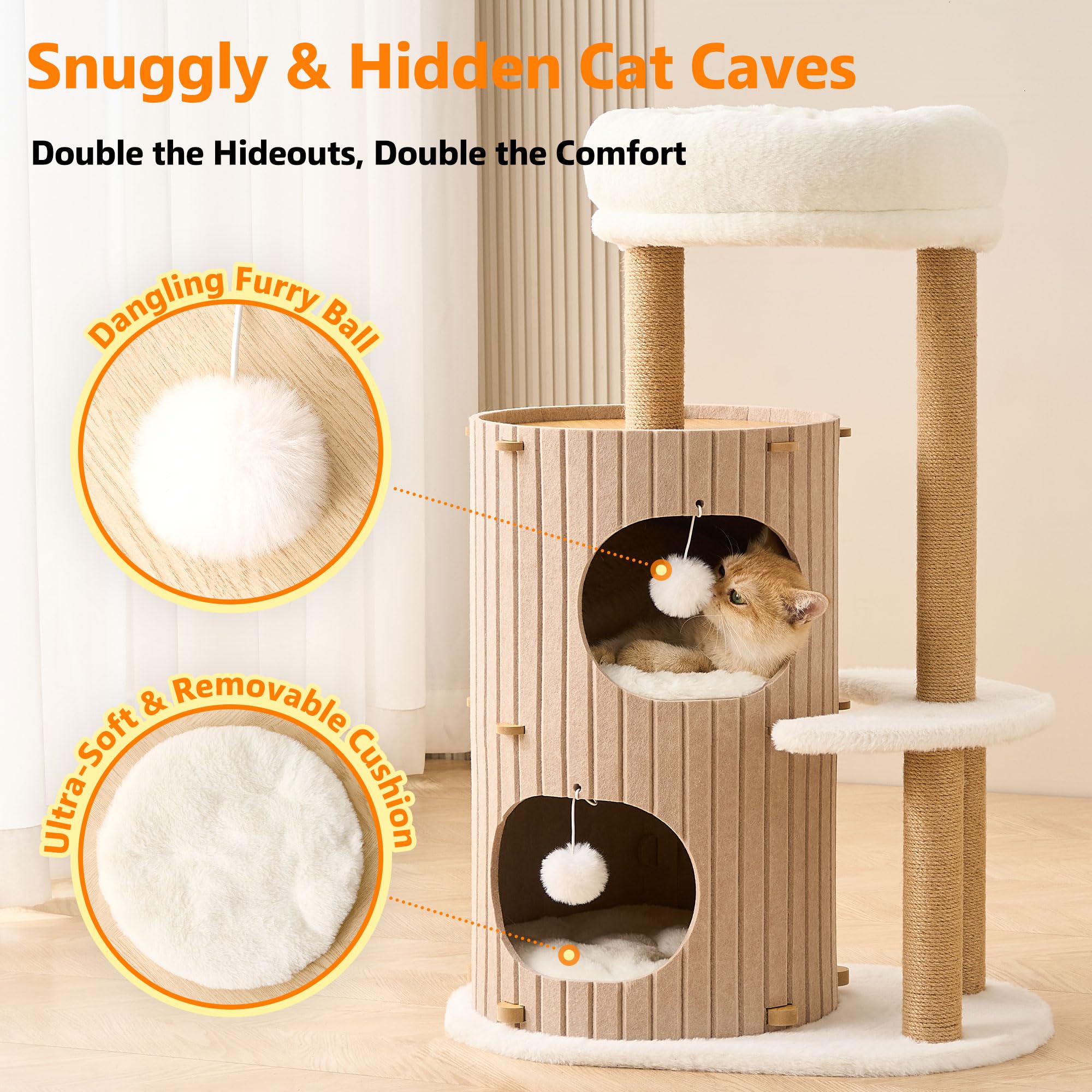 Kicari arbol-gato moderno cuevas privadas ofrecen refugio cómodo para felinos curiosos.