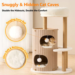 Kicari arbol-gato moderno cuevas privadas ofrecen refugio cómodo para felinos curiosos.