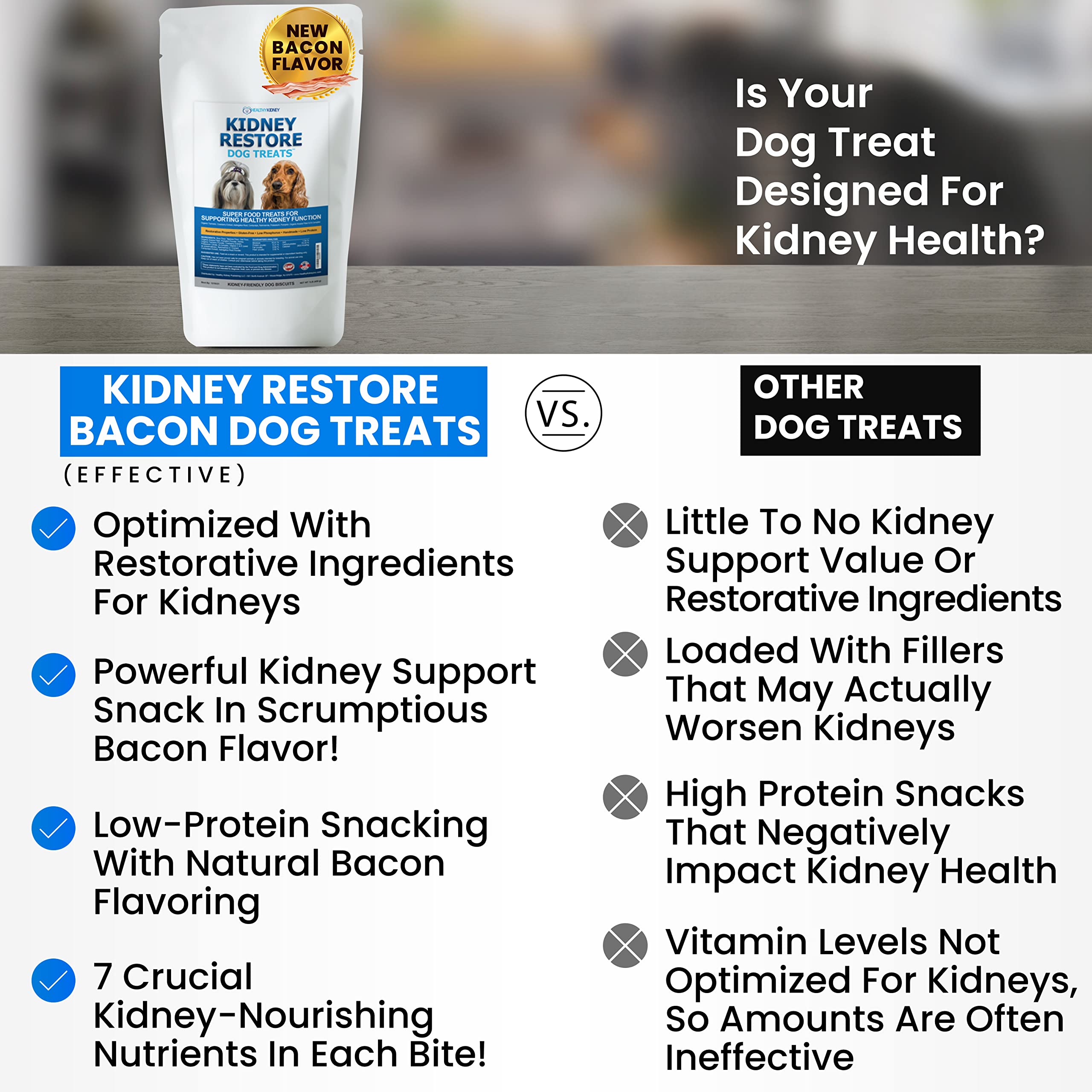 Kidney Restore aroma de tocino en snack para perros durante paseos.