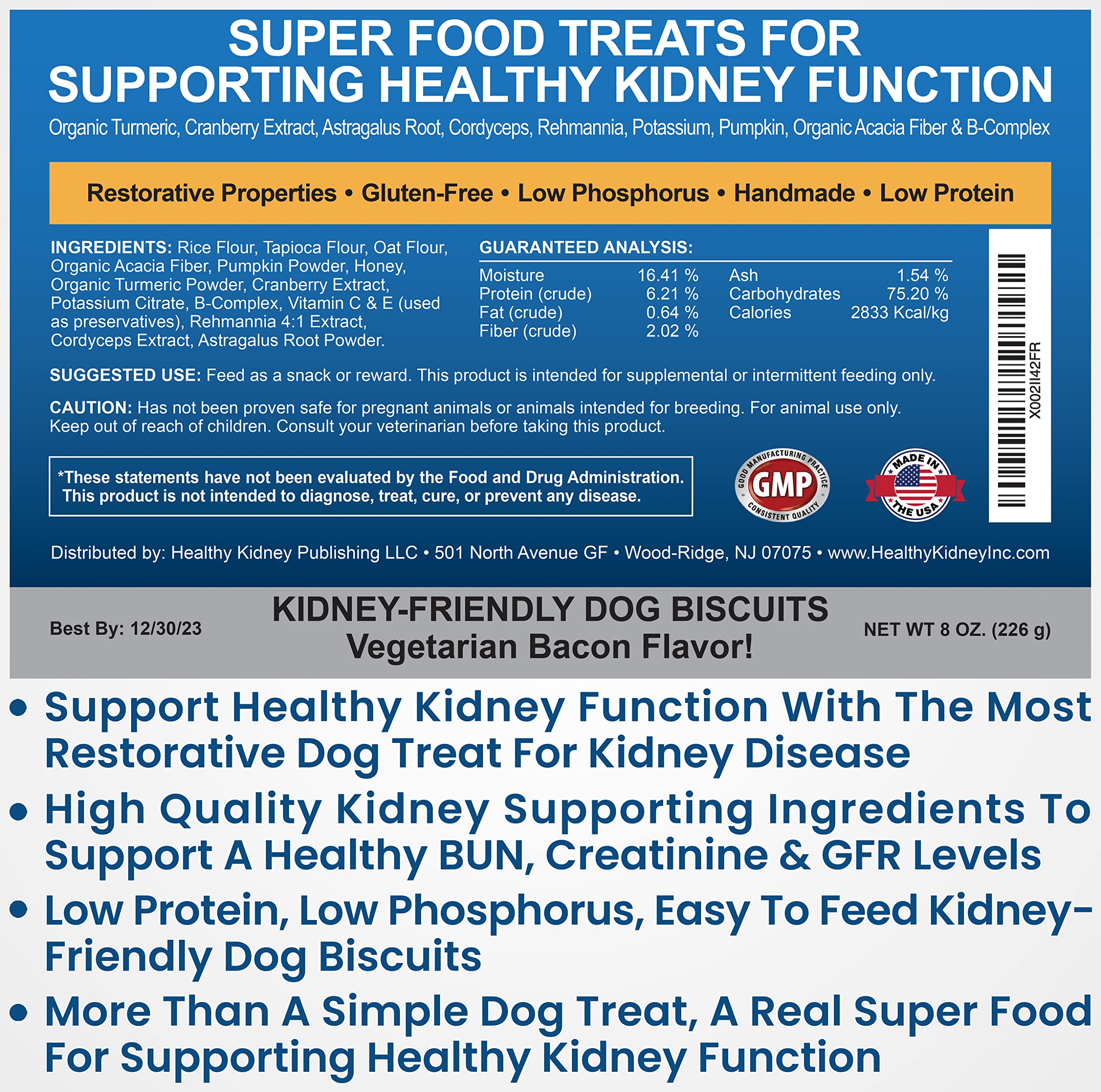 Kidney Restore envase de 8 onzas con bocaditos de tocino para viajes.
