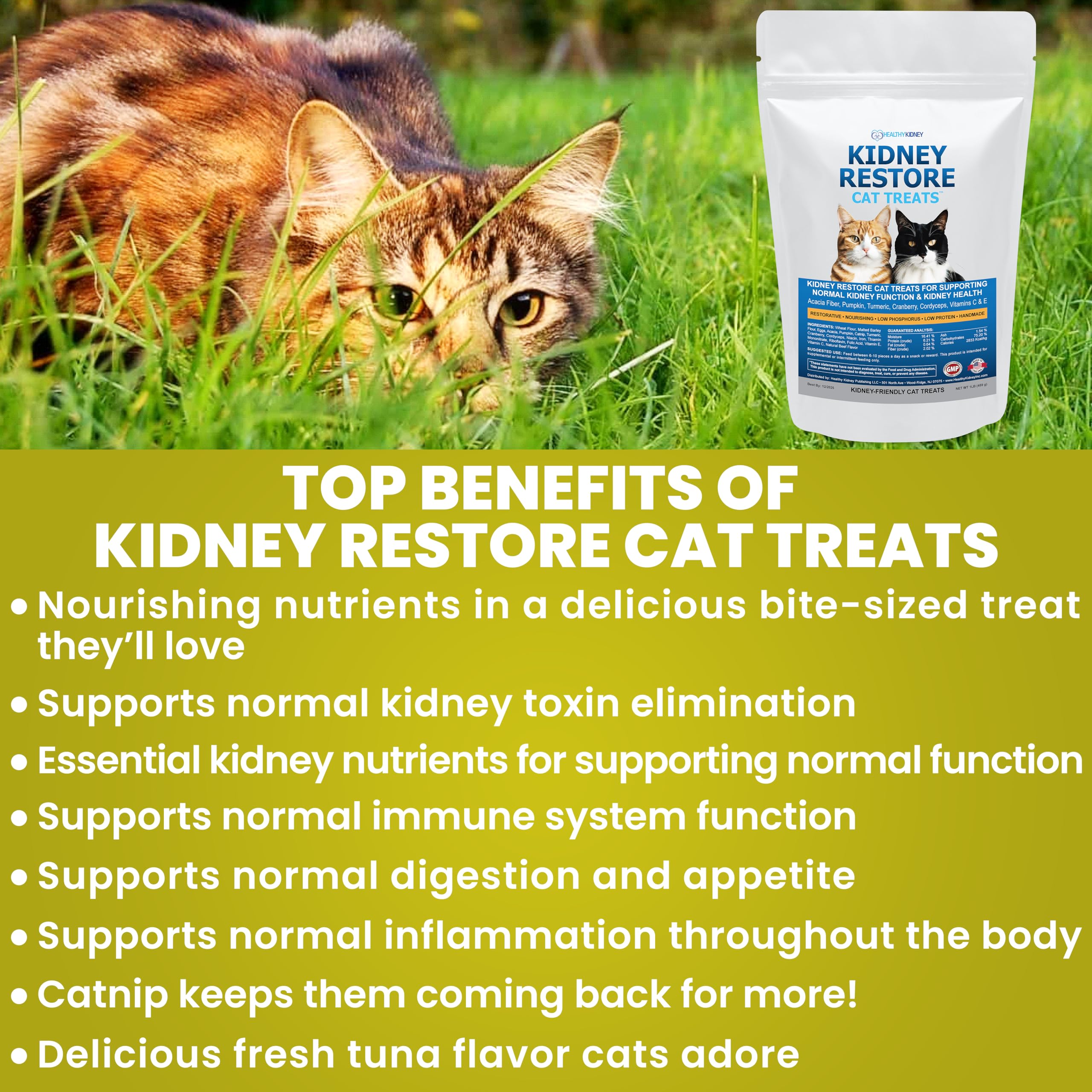 Kidney Restore: snack de atún para gatos con sabor agradable y nutrientes.