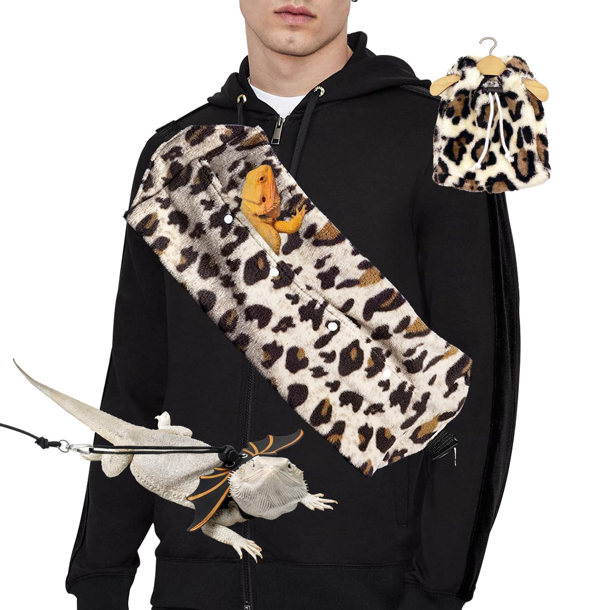 Portador leopard print de Kiiocwev para dragón barbudo, cómodo durante traslados y visitas