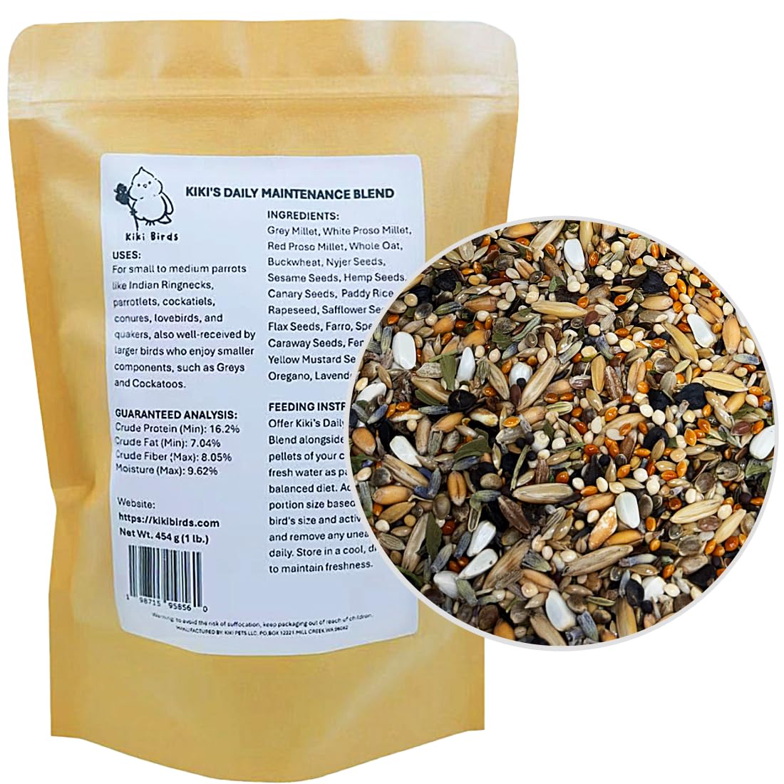 KikiBirds Premium Parrot Food front of bag shows protein-rich, low-fat diet for small parrots.