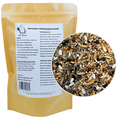 KikiBirds Premium Parrot Food front of bag shows protein-rich, low-fat diet for small parrots.