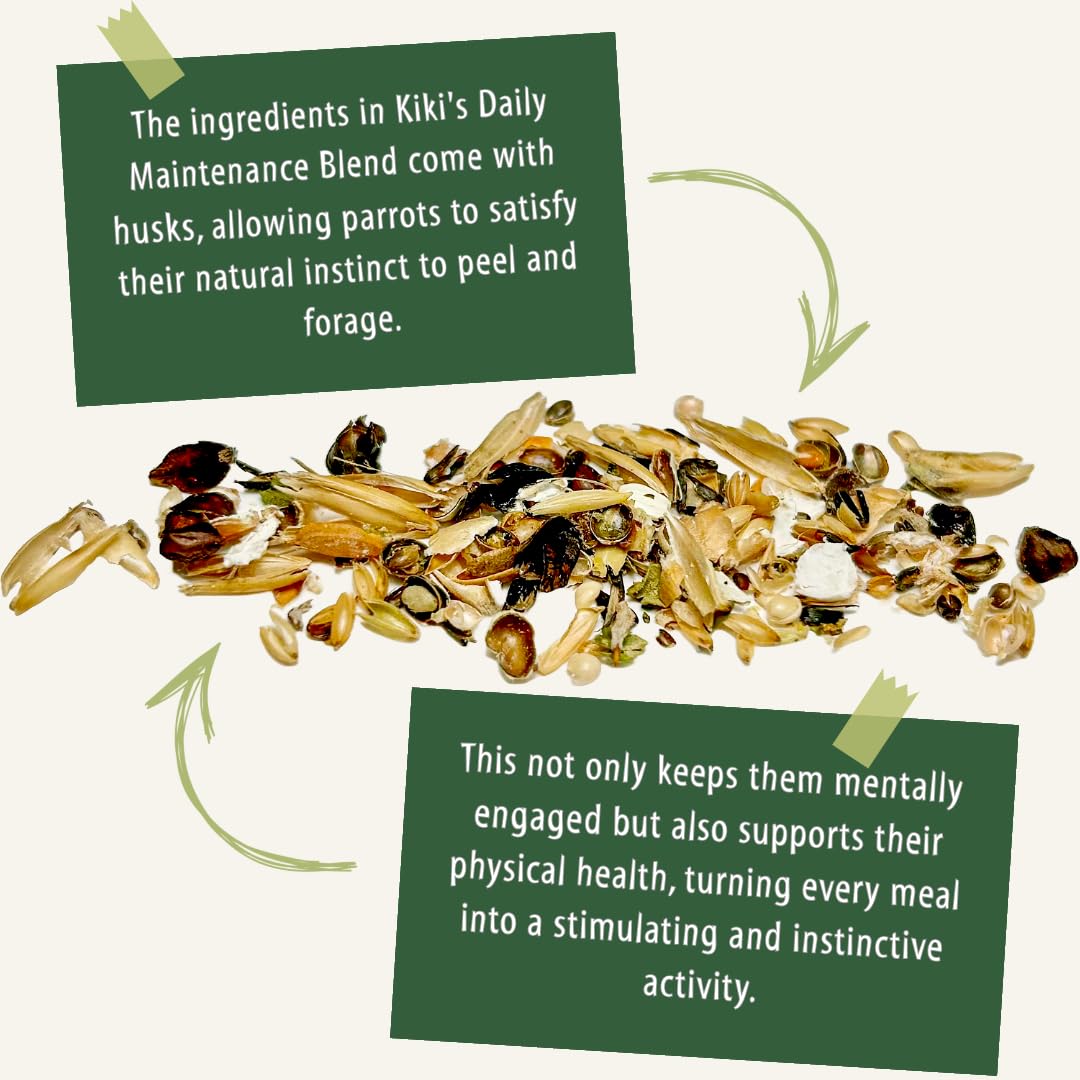 KikiBirds Premium Parrot Food pairs pellets with fresh fruit for balanced feeding.