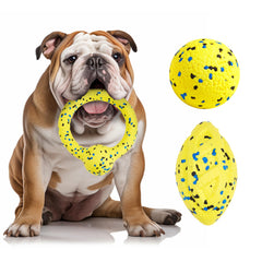 Conjunto Kimee de pelotas para perro en amarillo, ideal para juegos de buscar y traer.