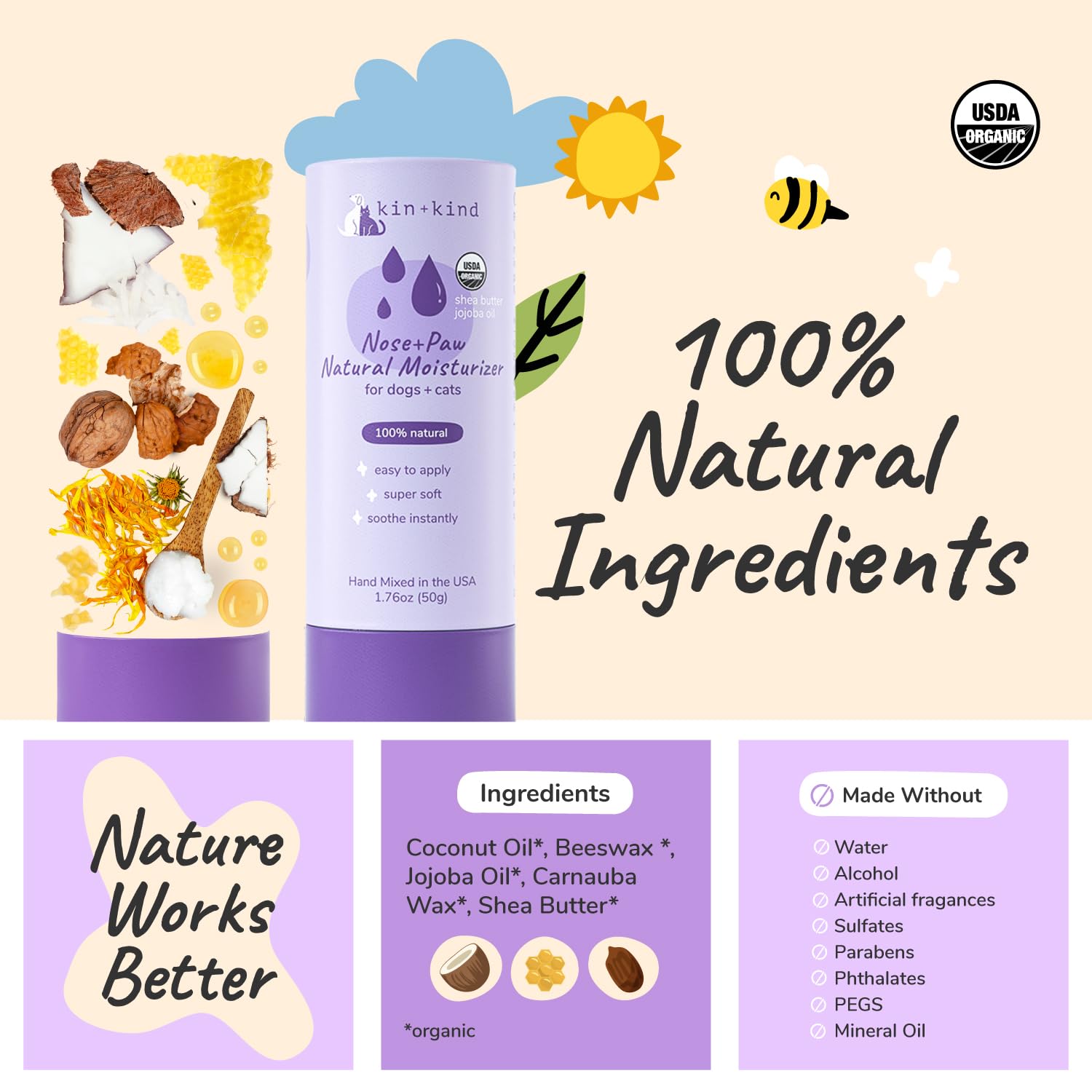 kin+kind orgánico certificado USDA, ingredientes seguros para mascotas