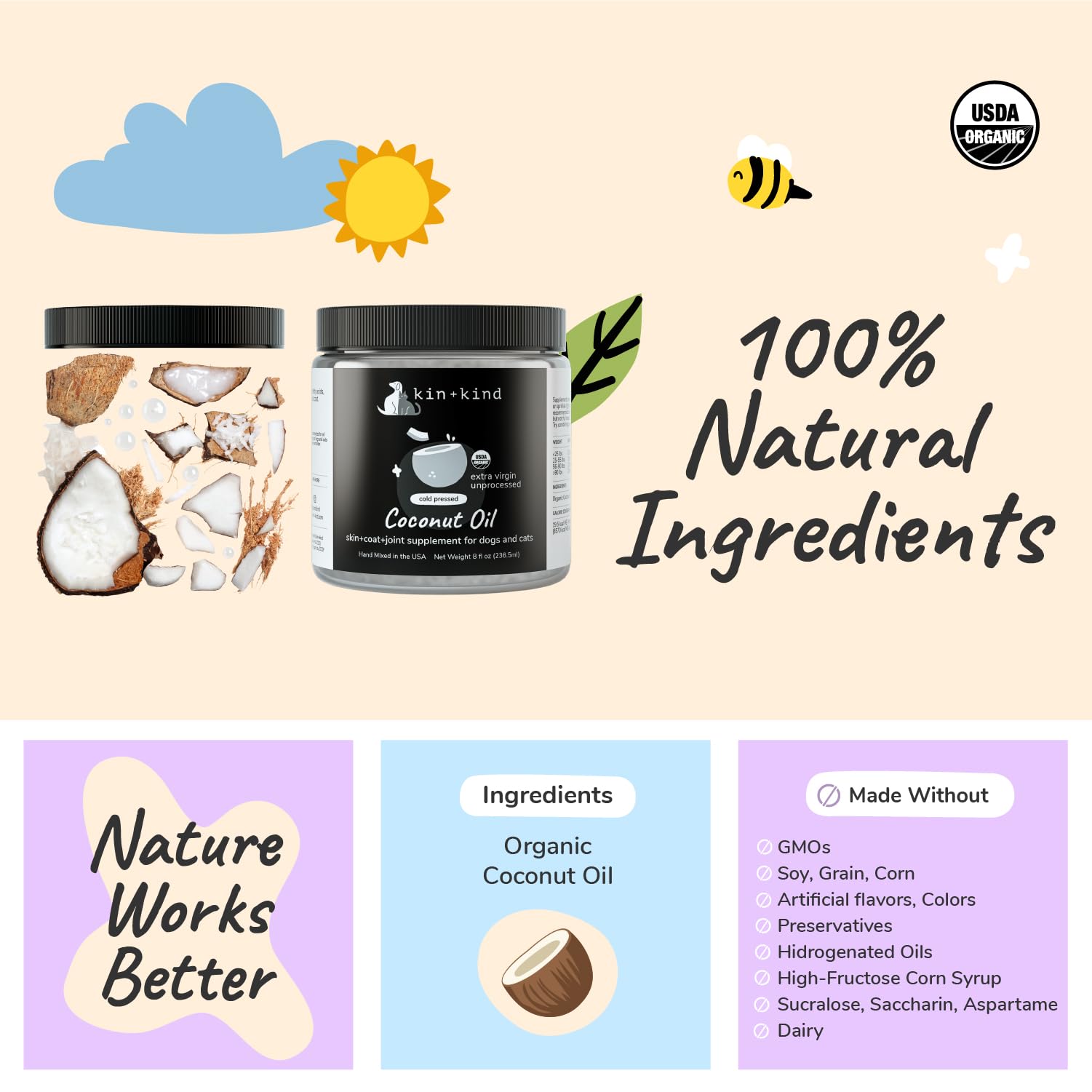 kin-kind aceite de coco para piel seca de perros y gatos