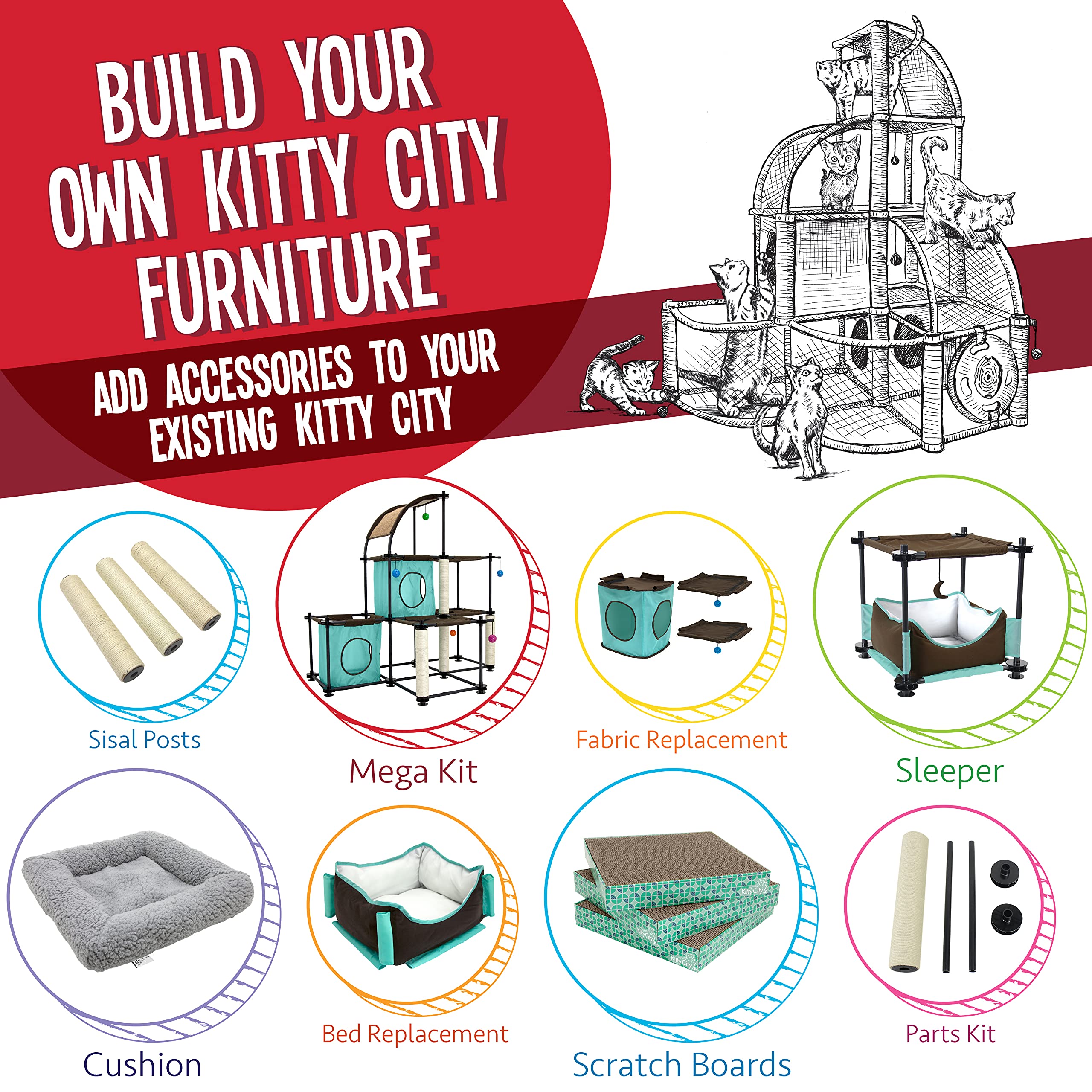 Kitty City Claw Mega Kit 2.0: diseño en cubo para gatos, instalación rápida.