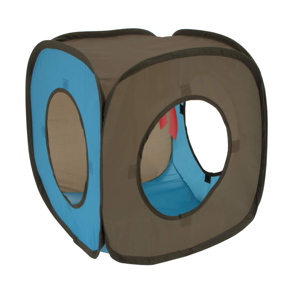 Kitty City cubo giratorio para gatos en azul y marrón, ideal para juego.