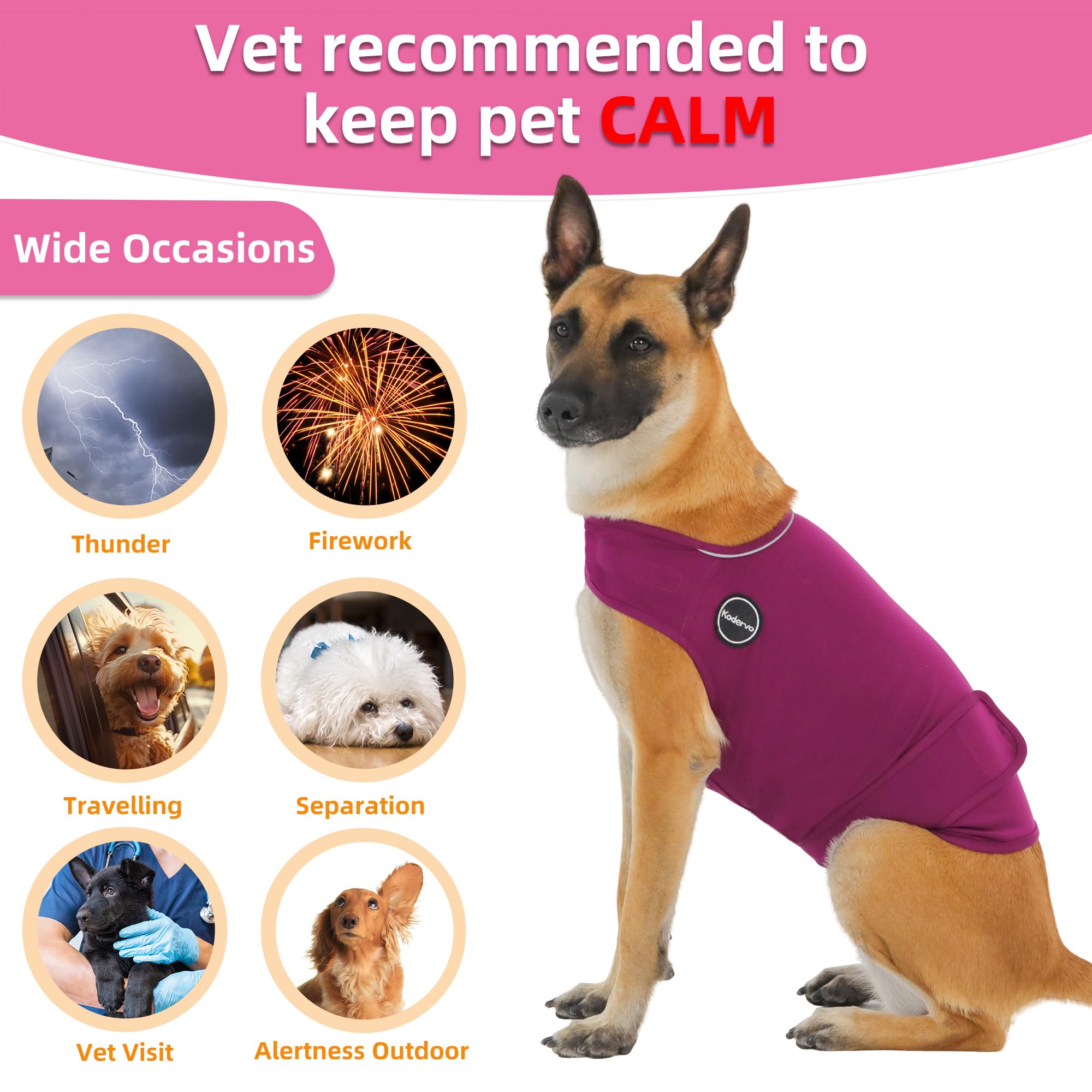 Kodervo chaleco ansiedad para perros, diseño silencioso y velcro suave para vestir sin sobresaltos.
