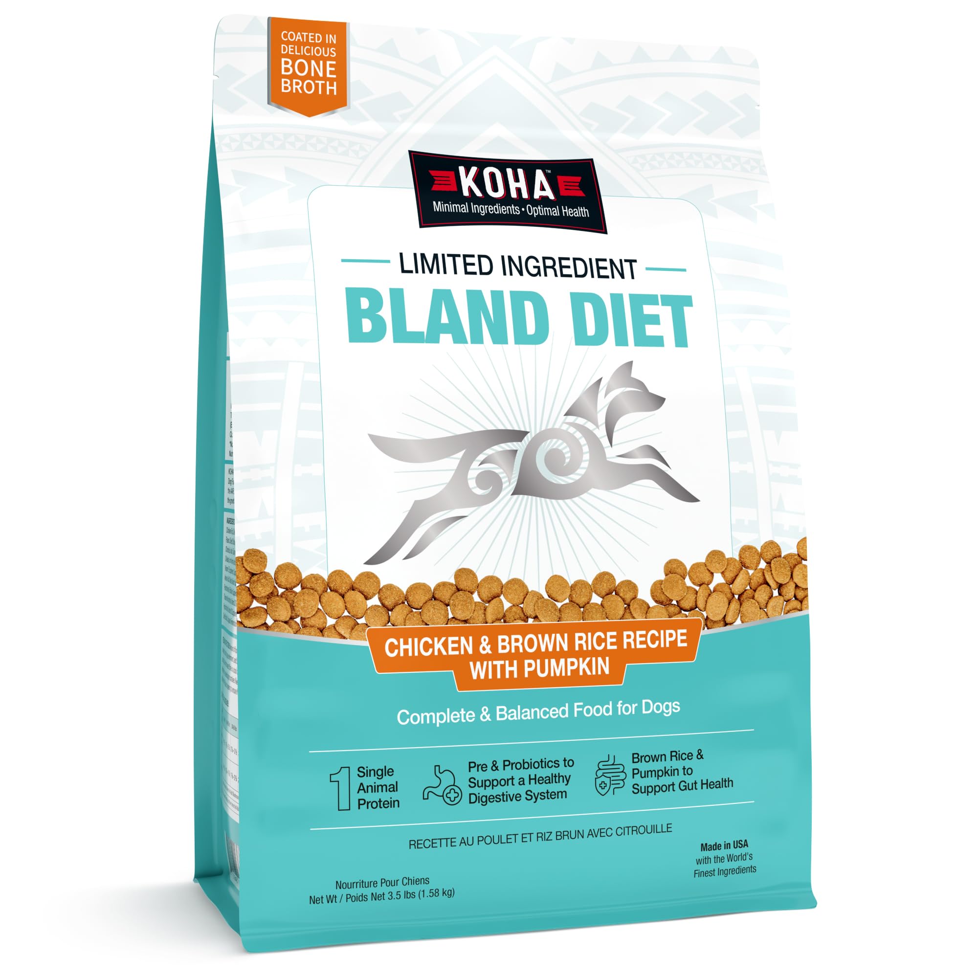 KOHA Bland Diet en tazón con pollo y arroz, apoyo digestivo suave para perros.