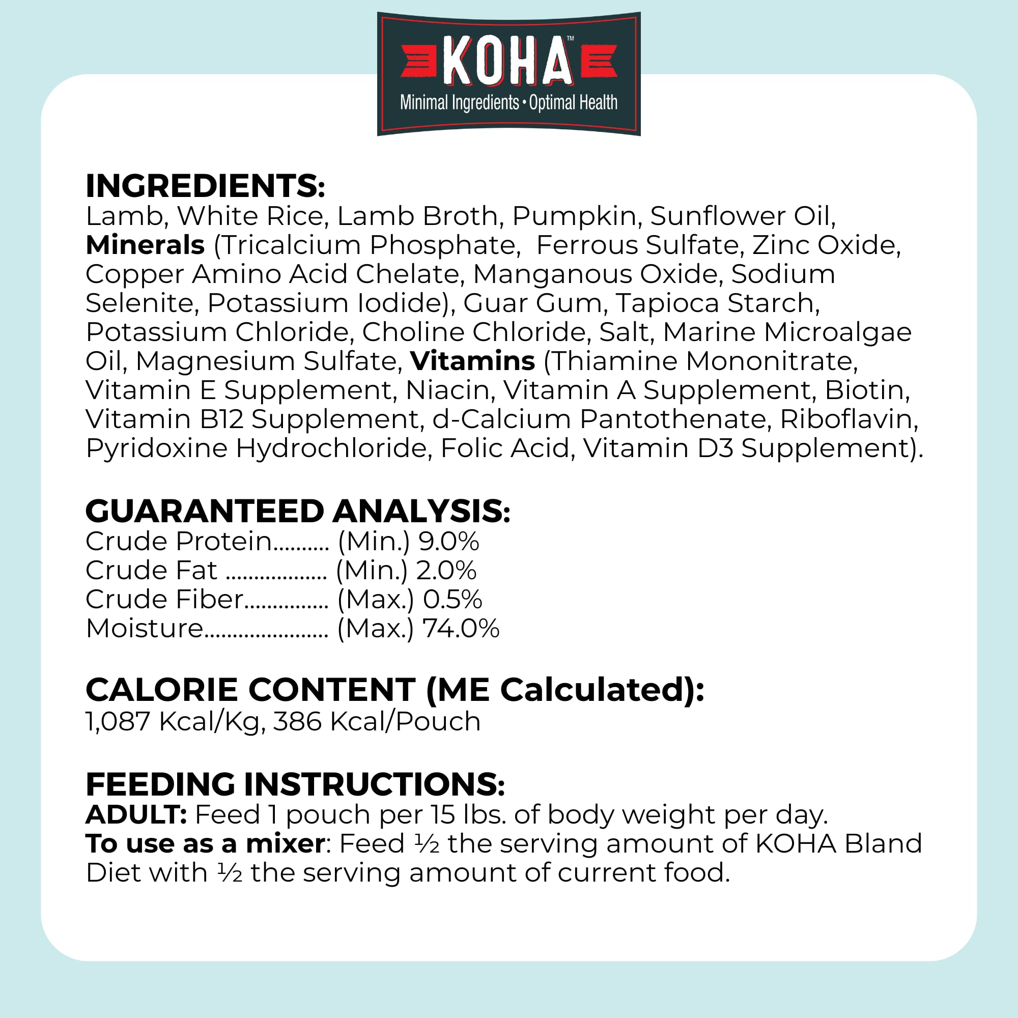 KOHA ingredientes cordero y arroz, dieta simple