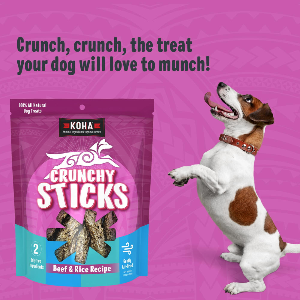 KOHA Pet Crunchy Sticks con carne y arroz, alta proteína para perros activos.