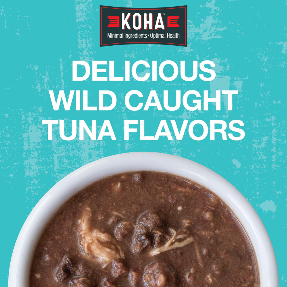 KOHA Poké Bowl sabores atún-camarón: textura jugosa que mantiene al gato interesado.