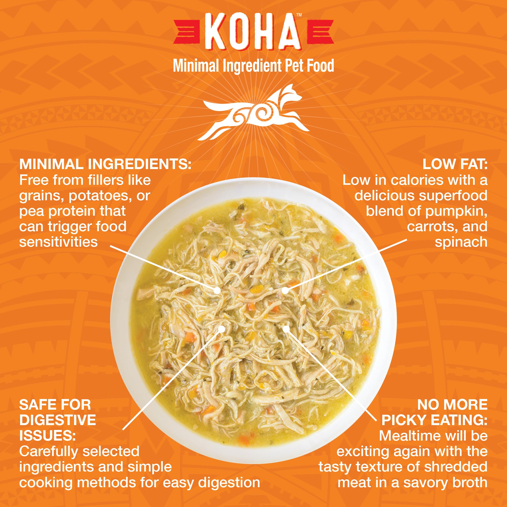 KOHA Pure Shreds pollo desmenuzado en caldo, apoyo digestivo con proteínas.