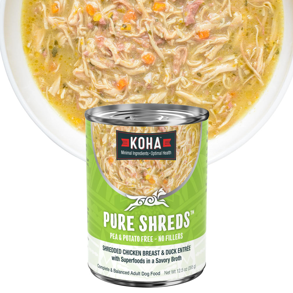 KOHA Pure Shreds pollo y pato deshilachados en caldo, ideal para estómagos sensibles.