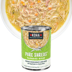 KOHA Pure Shreds pollo y pato deshilachados en caldo, ideal para estómagos sensibles.
