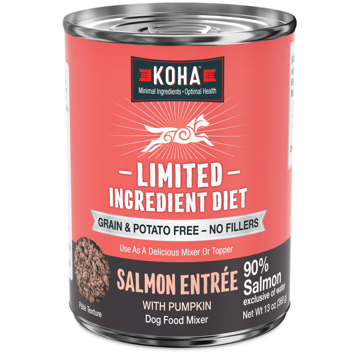 KOHA Salmon Entree frente de lata, experiencia de comida húmeda para perros.
