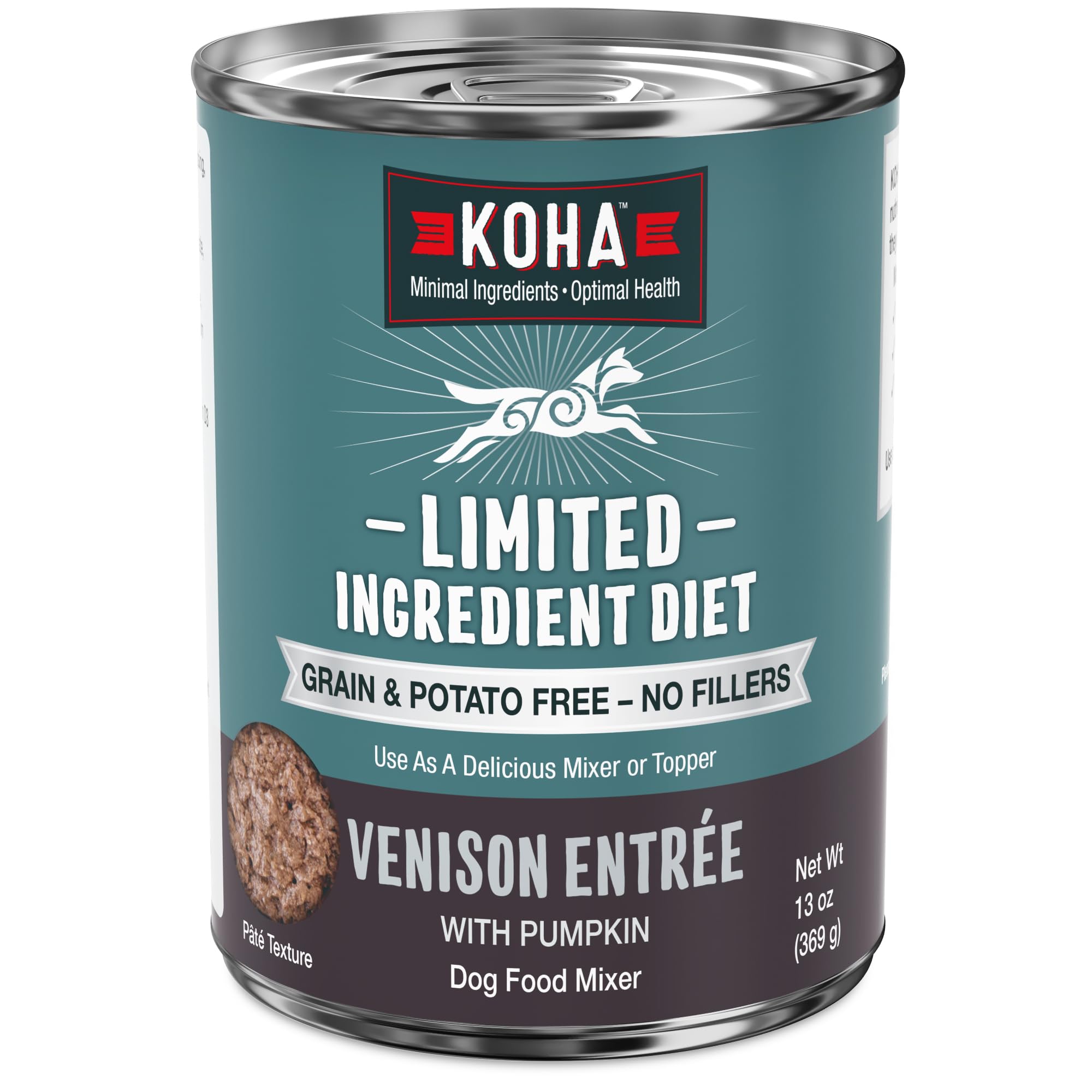 KOHA Venison Entrée en lata frente de empaque, ideal para estómagos sensibles.