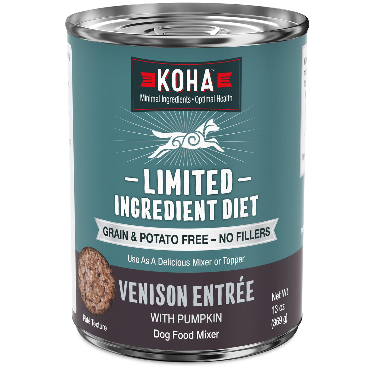 KOHA Venison Entrée en lata frente de empaque, ideal para estómagos sensibles.