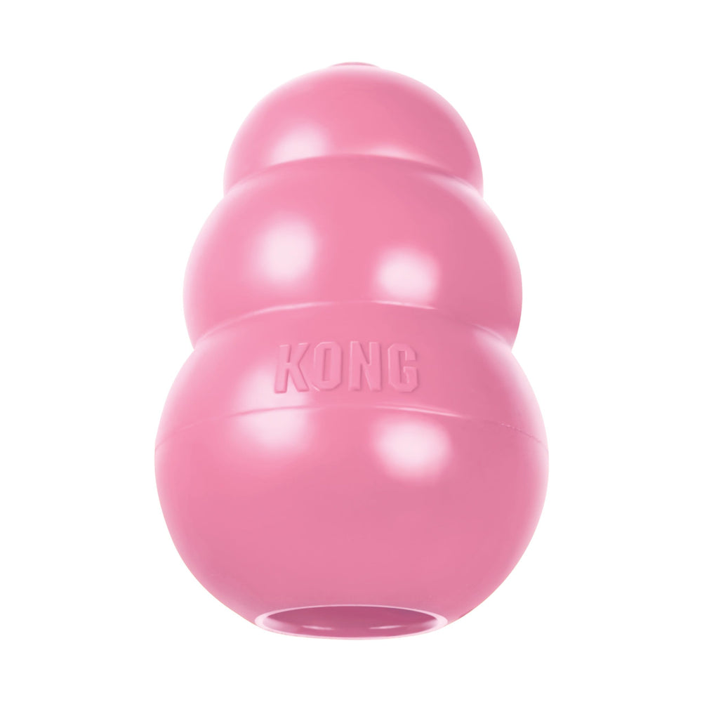 Jouet KONG chiot en caoutchouc naturel rose, idéal pour la dentition en douceur et le jeu.